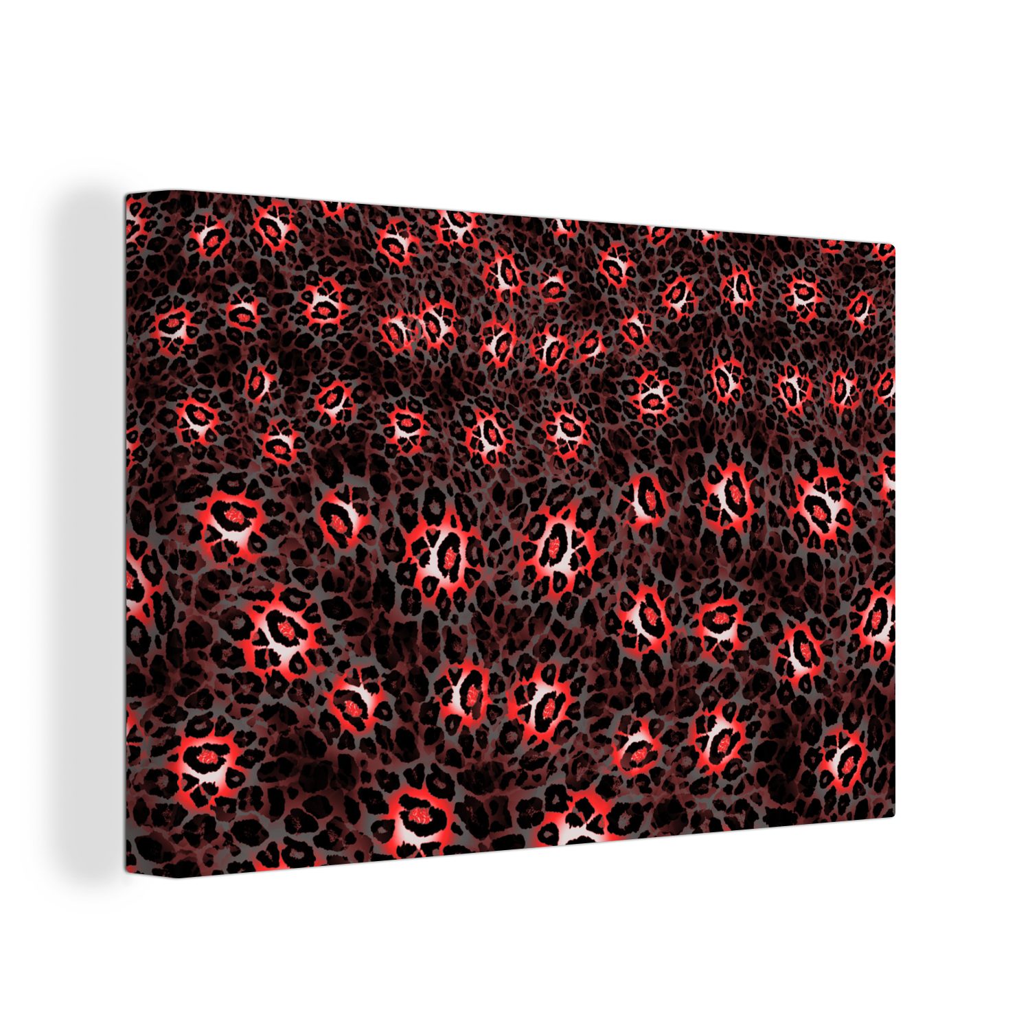 30x20 Wandbild Aufhängefertig, OneMillionCanvasses® Design Leinwandbilder, cm Wanddeko, (1 Leopard - Rot, - St), Leinwandbild