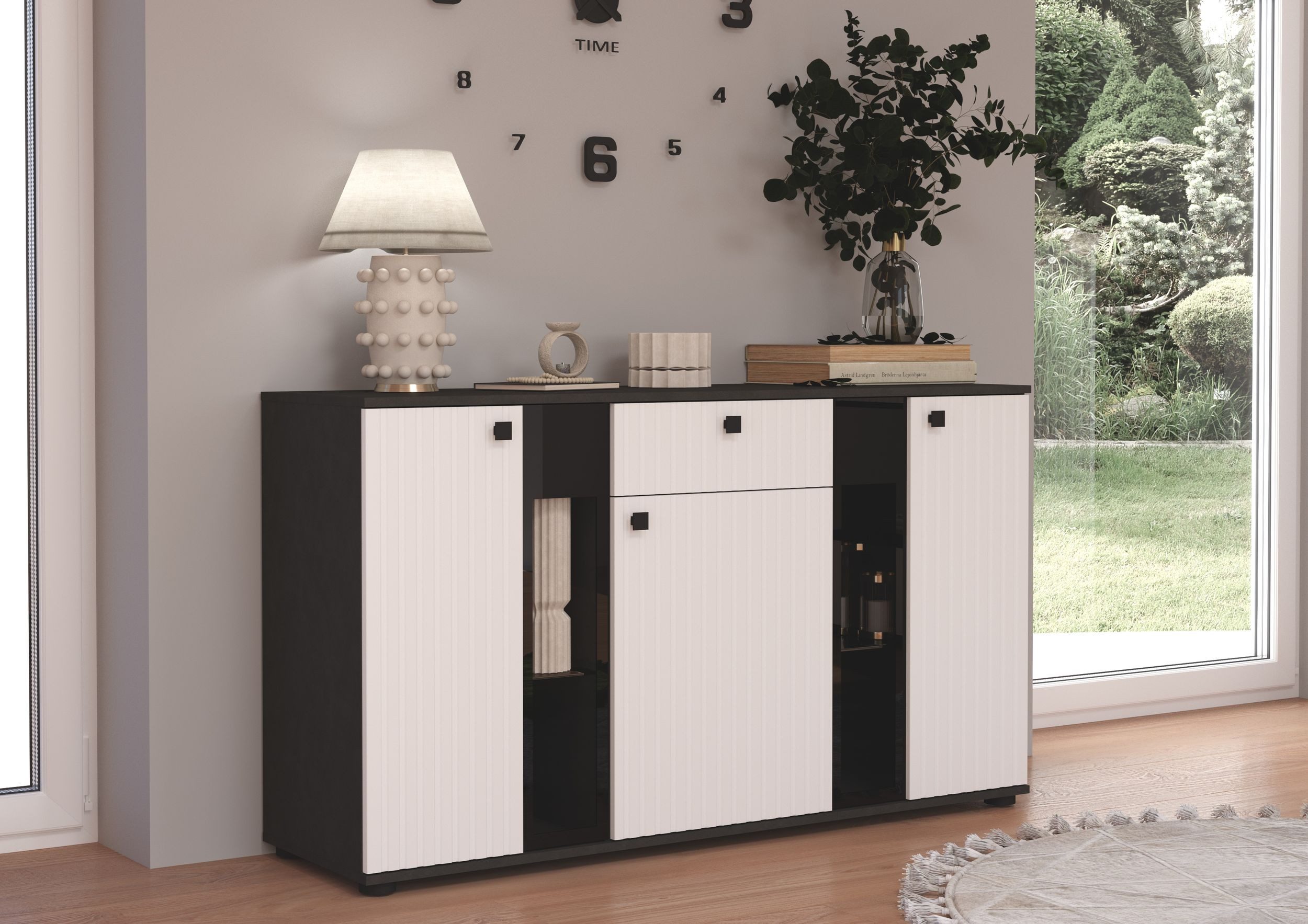 Küchen-Preisbombe Kommode Salsa 2 Lamellenoptik Anbauwand Wohnwand Sideboard MDF Weiss matt Grau