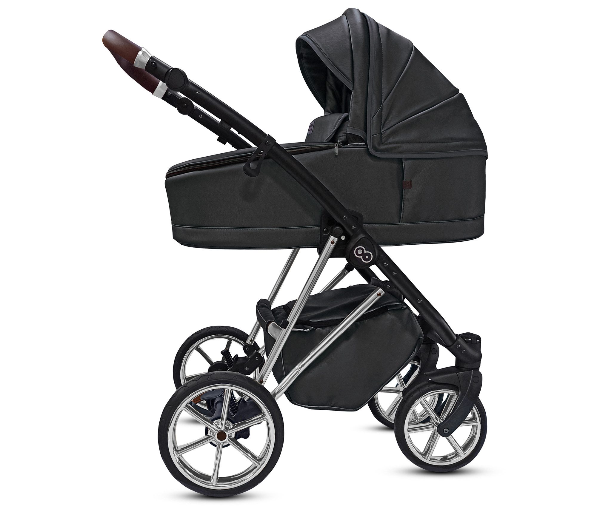 TPFFamily Kombi-Kinderwagen 4 in 1 Musse Royal, Baby Buggy Babywanne Autositz Isofix Basis, Zubehör-Set Kinderwagen 4 in 1 Kunstleder Schwarz, Gestell Silber