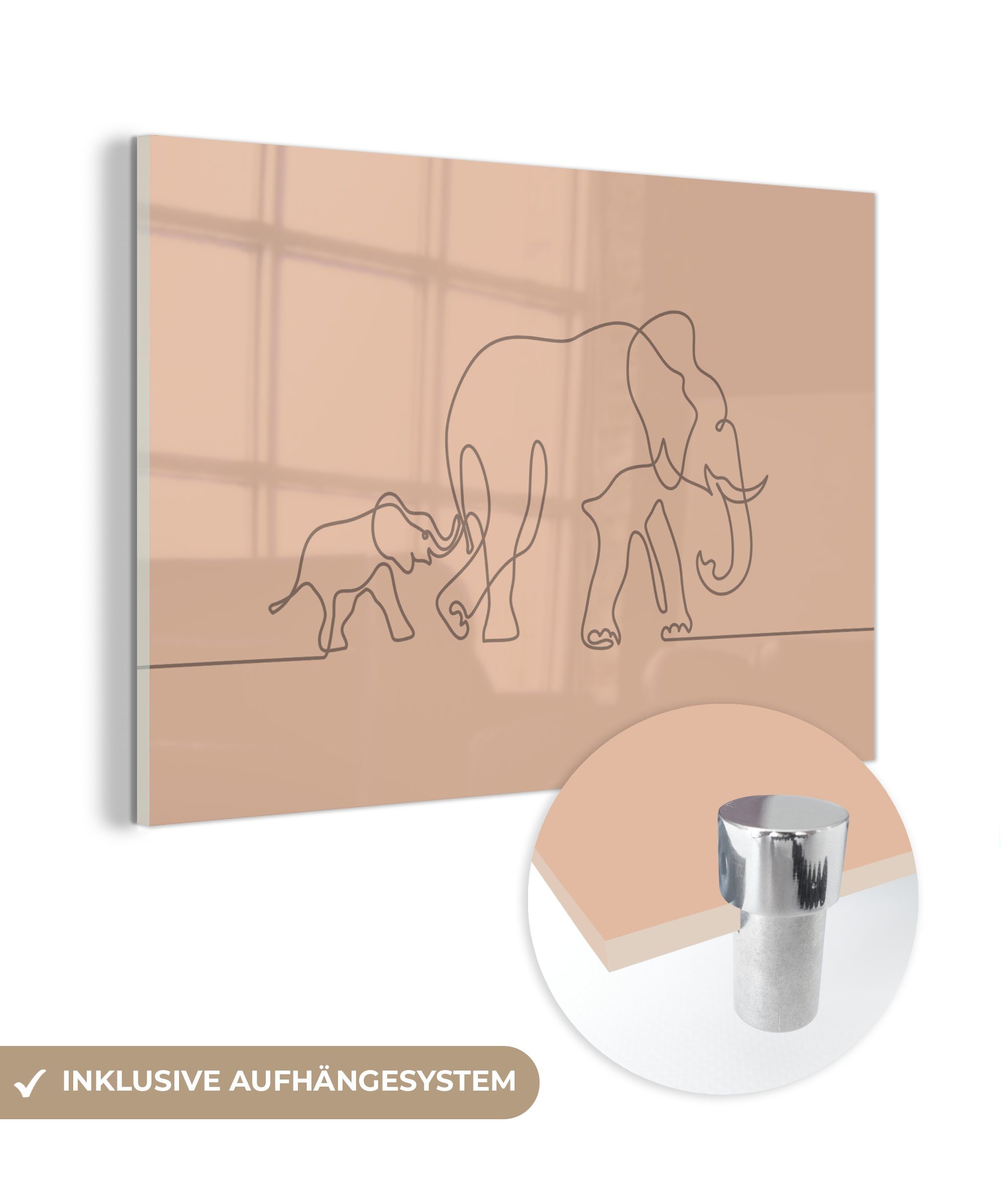 MuchoWow Acrylglasbild Elefant - Minimalismus - Glas - - Bilder Wanddekoration Glasbilder Braun, - (1 Foto Glas auf St), auf Wandbild