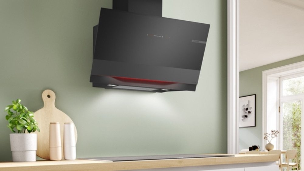 BOSCH Wandhaube DWK91LT65, Serie 8 Wandesse, 90 cm, Klarglas schwarz bedruckt EEK: A+ Serie Serie 8 DWK91LT65, Serie 8 Wandesse, 90 cm, Klarglas schwarz bedruckt EEK: A+
