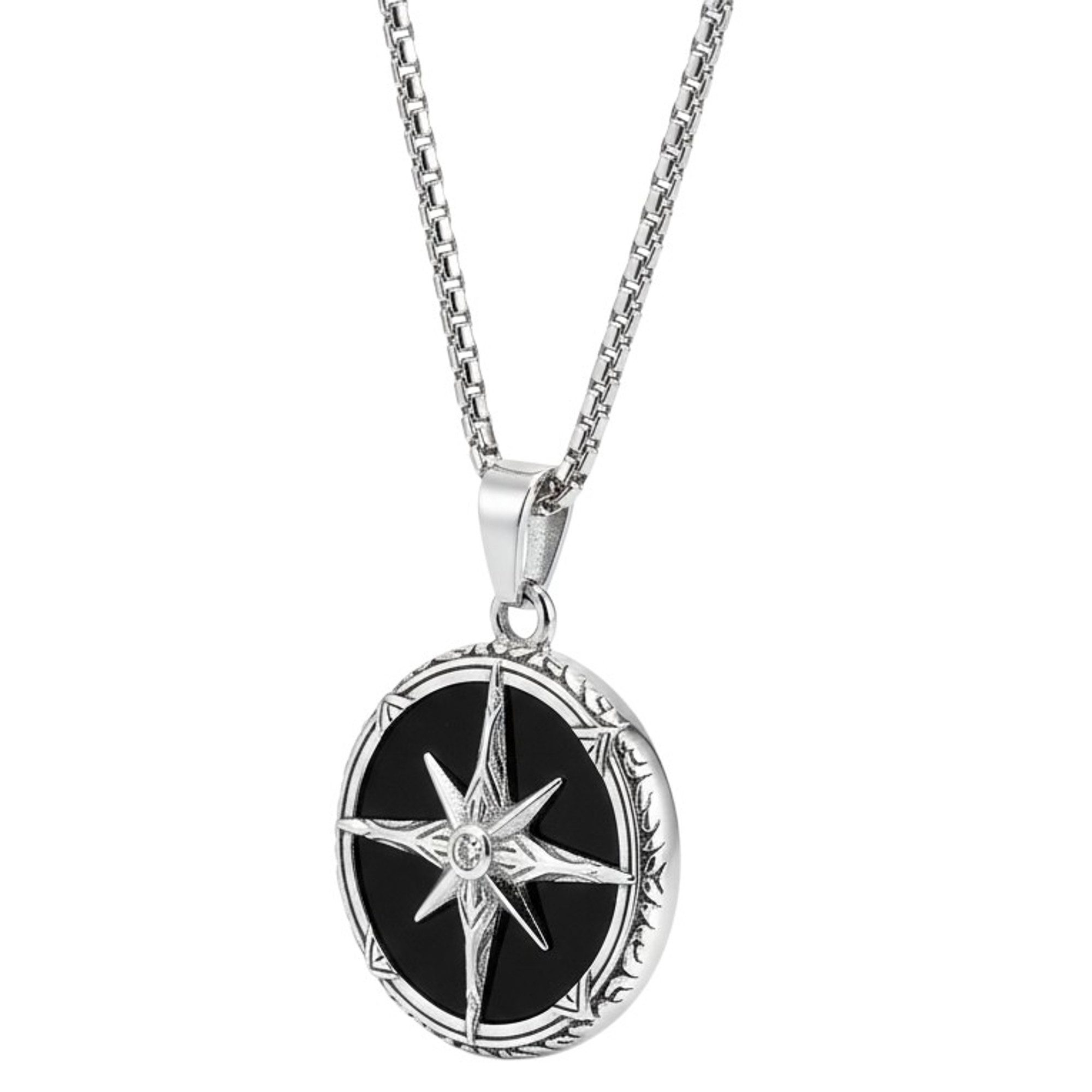 Kette mit Anhänger Halskette Herren Kompass Edelstahl Silber 60 cm