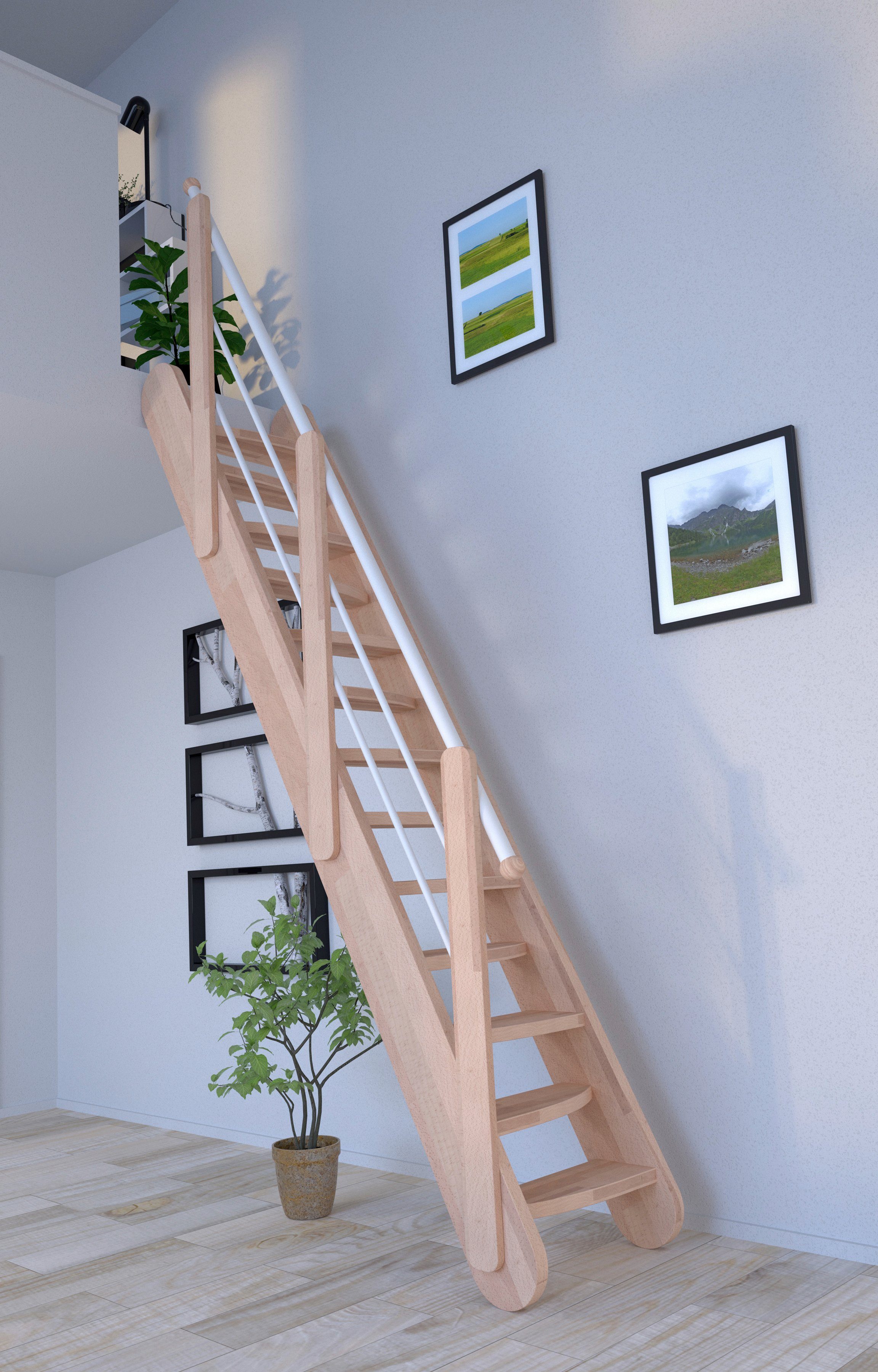 Starwood Raumspartreppe Massivholz Samos, Holz-Edelstahl Weiß, Stufen offen, Durchgehende Wangenteile
