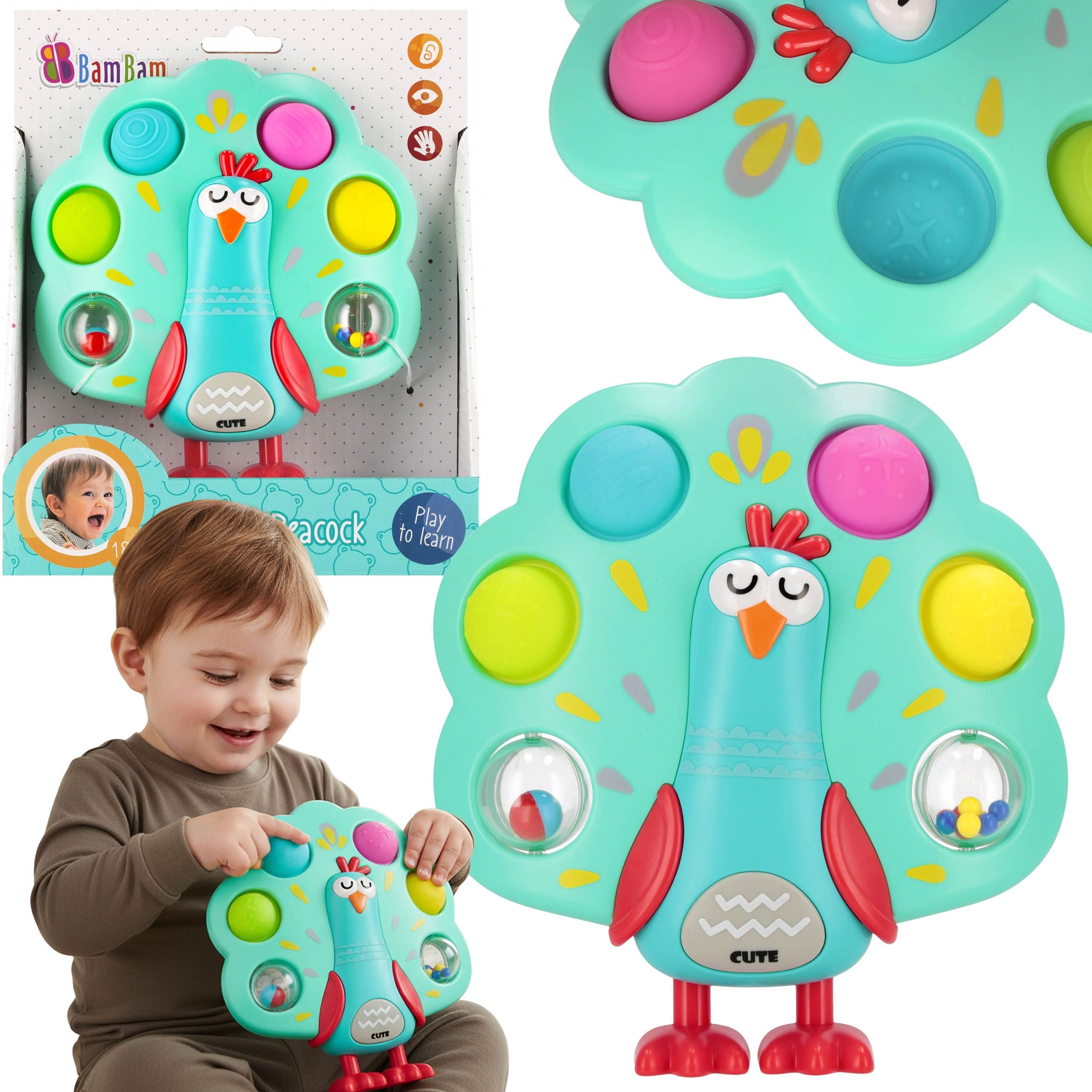 BAM BAM Lernspielzeug Bam Bam Sensoriik-Spielzeug PFAU, Pop-It-Lernspielzeug für Kinder 18m+