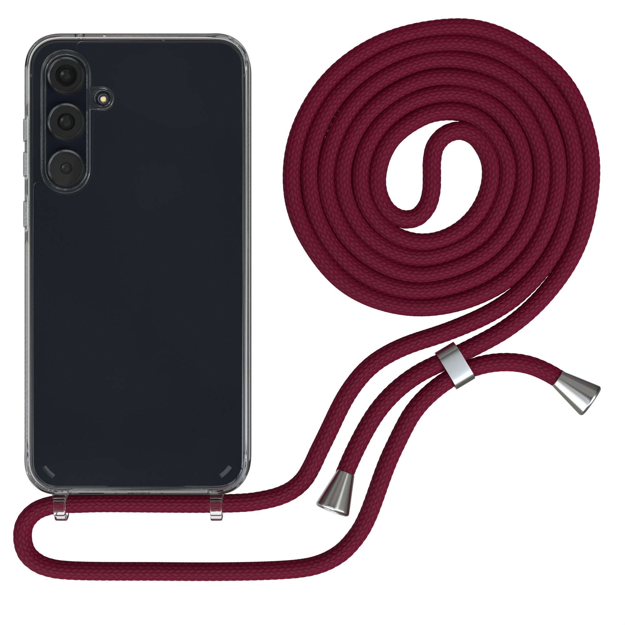 EAZY CASE Handykette Hülle mit Kette für Samsung Galaxy A55 6,6 Zoll, Silikonhülle durchsichtig mit Umhängeband Handytasche Bordeaux Rot