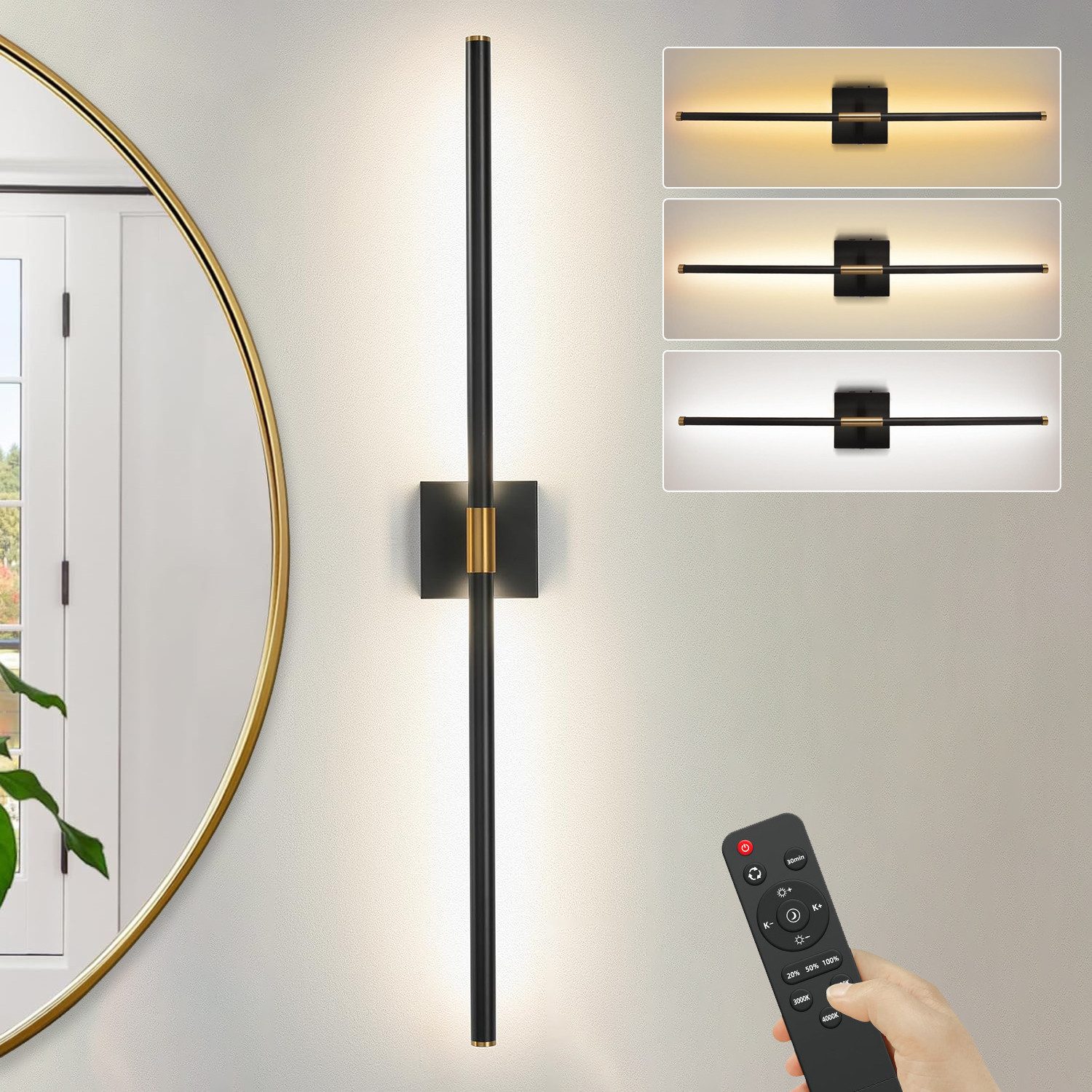 LMaxhome LED Wandleuchte Akku Wandlampe mit Fernbedienung Innen 10000mAh 72CM Kabellose Dimmbar, 1 Stück, LED fest integriert, 3000 K/4000 K/6000 K, 360° Drehbare Wiederaufladbar, 8W, Timing-Funktionen, Treppenhauslampe