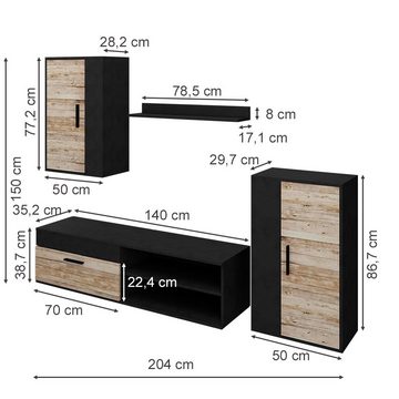 Vicco Wohnwand Schrankwand Lowboard BERNO Hell Old Style, (4-St., 4-er Set)