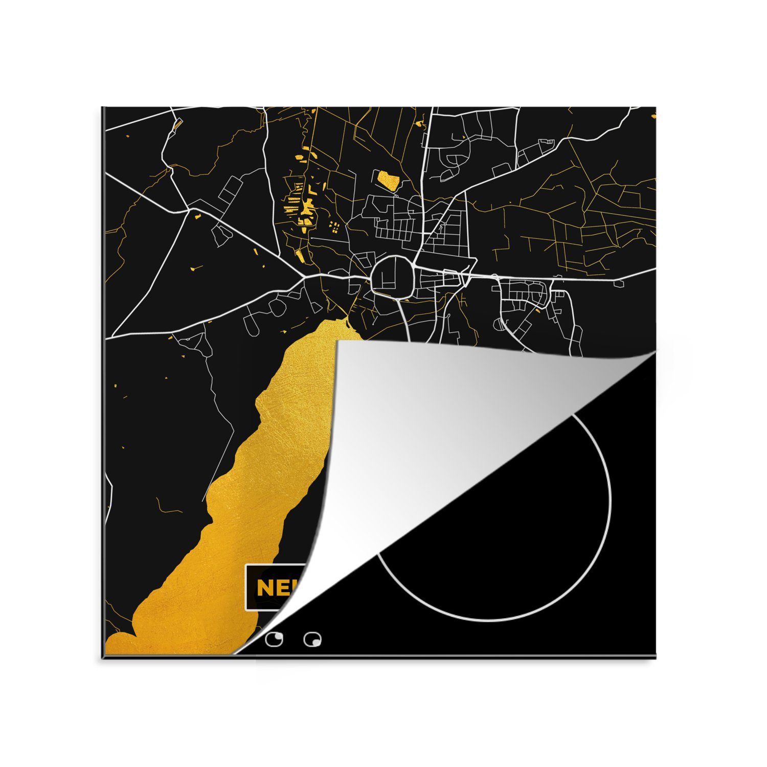 MuchoWow Herdblende-/Abdeckplatte Neubrandenburg - Gold - Karte - Stadtplan - Deutschland, Vinyl, (1 tlg), 78x78 cm, Ceranfeldabdeckung, Arbeitsplatte für küche