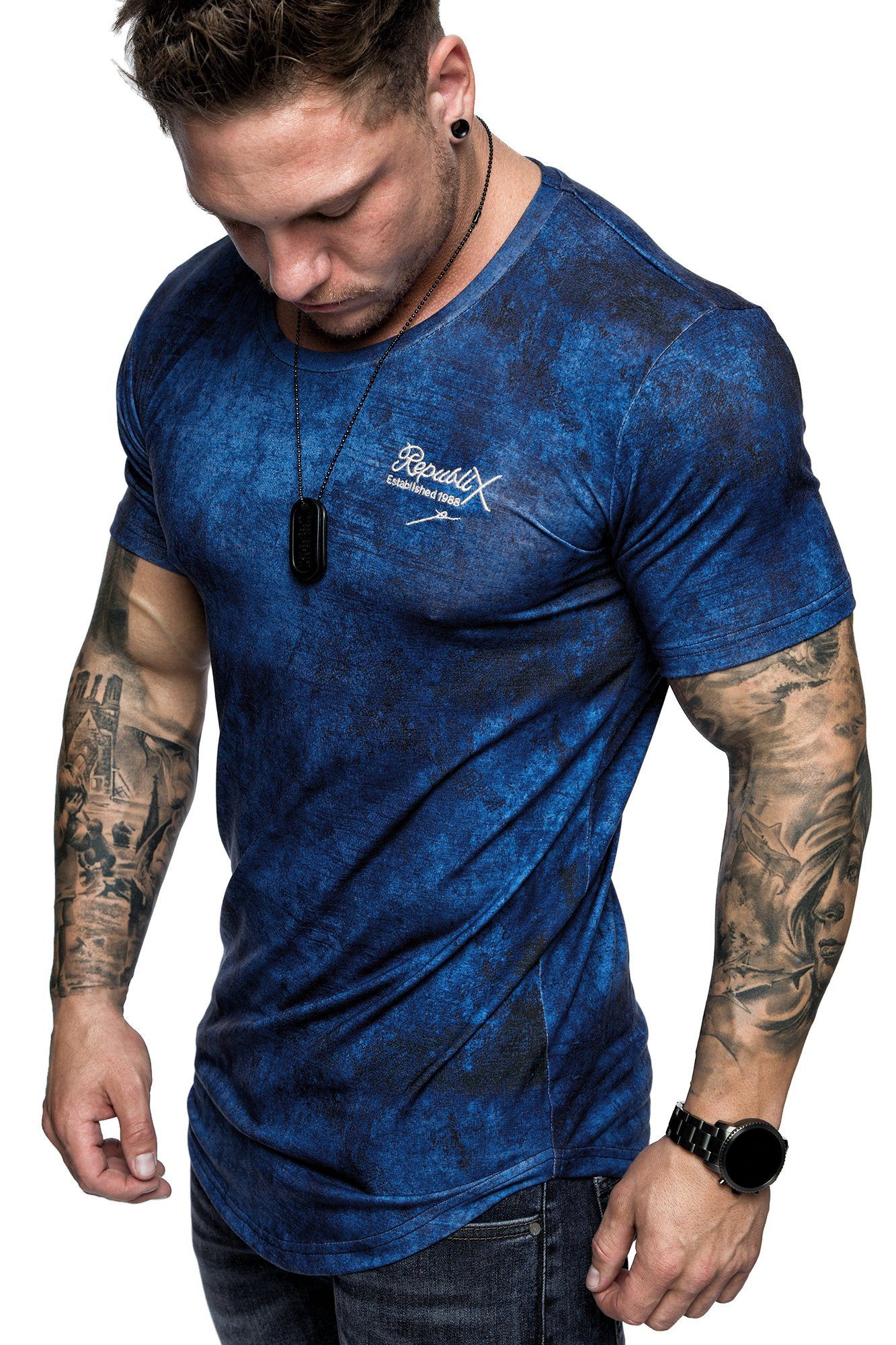 REPUBLIX T-Shirt JEFF Herren Oversize Crew Neck Marble Design Shirt mit Rundhalsausschnitt Navyblau