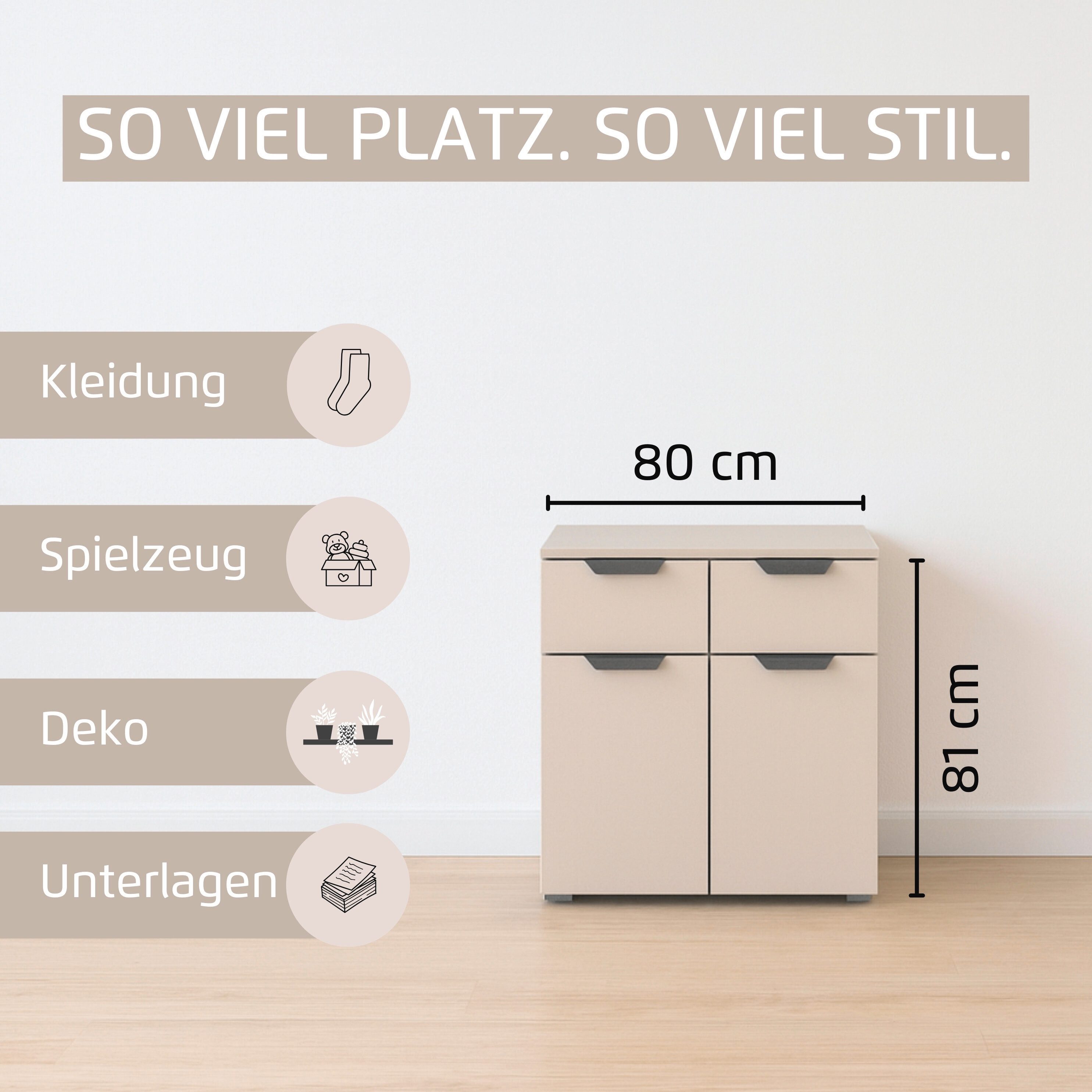 rauch Kombikommode Sideboard Schubladenkommode COSTA mit farblich passenden Metallgriffen (in 2 Griff-Farben, Breite 80 cm), mit 2 Schubladen und 1 verstellbaren Einlegeboden MADE IN GERMANY