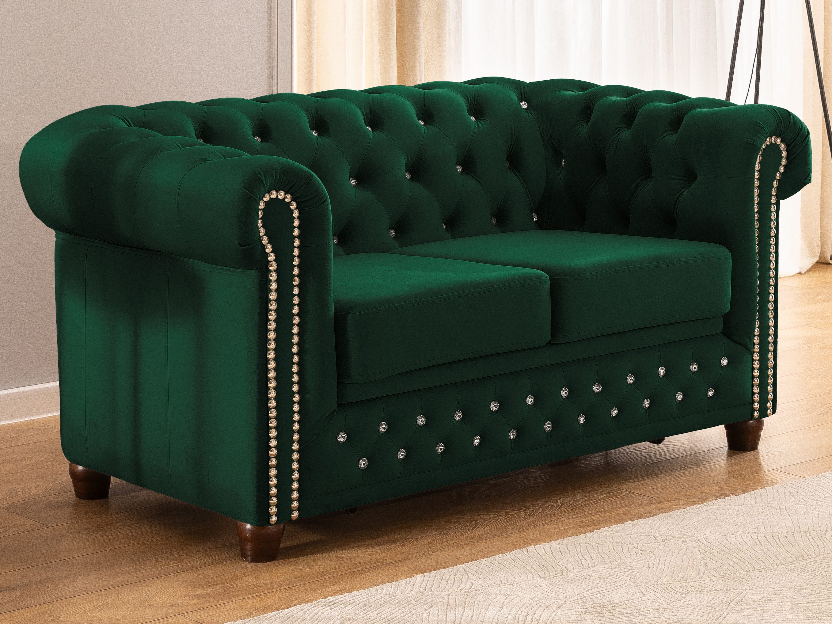 S-Style Möbel Chesterfield-Sofa 2-Sitzer mit Schlaffunktion Cleo Blink aus Samt mit Kristallsteppung, mit Wellenfederung