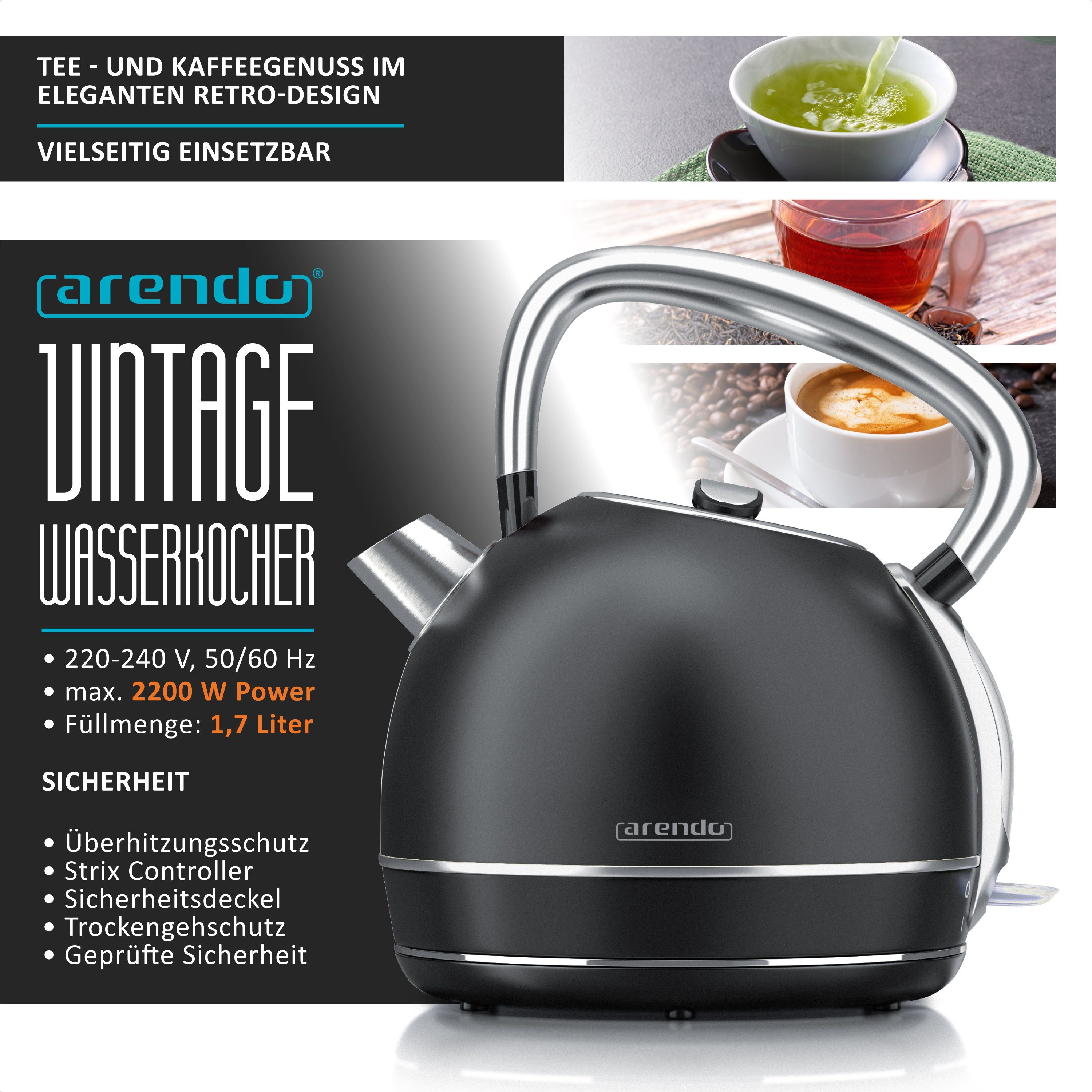 Arendo Frühstücks-Set Edelstahl Wasserkocher 1,7l, 4-Scheiben Kurzschlitz Toaster, schwarz (2-tlg), Frühstücksset, Wasserkocher Retro, Toaster Vintage, 2 Rösteinheiten