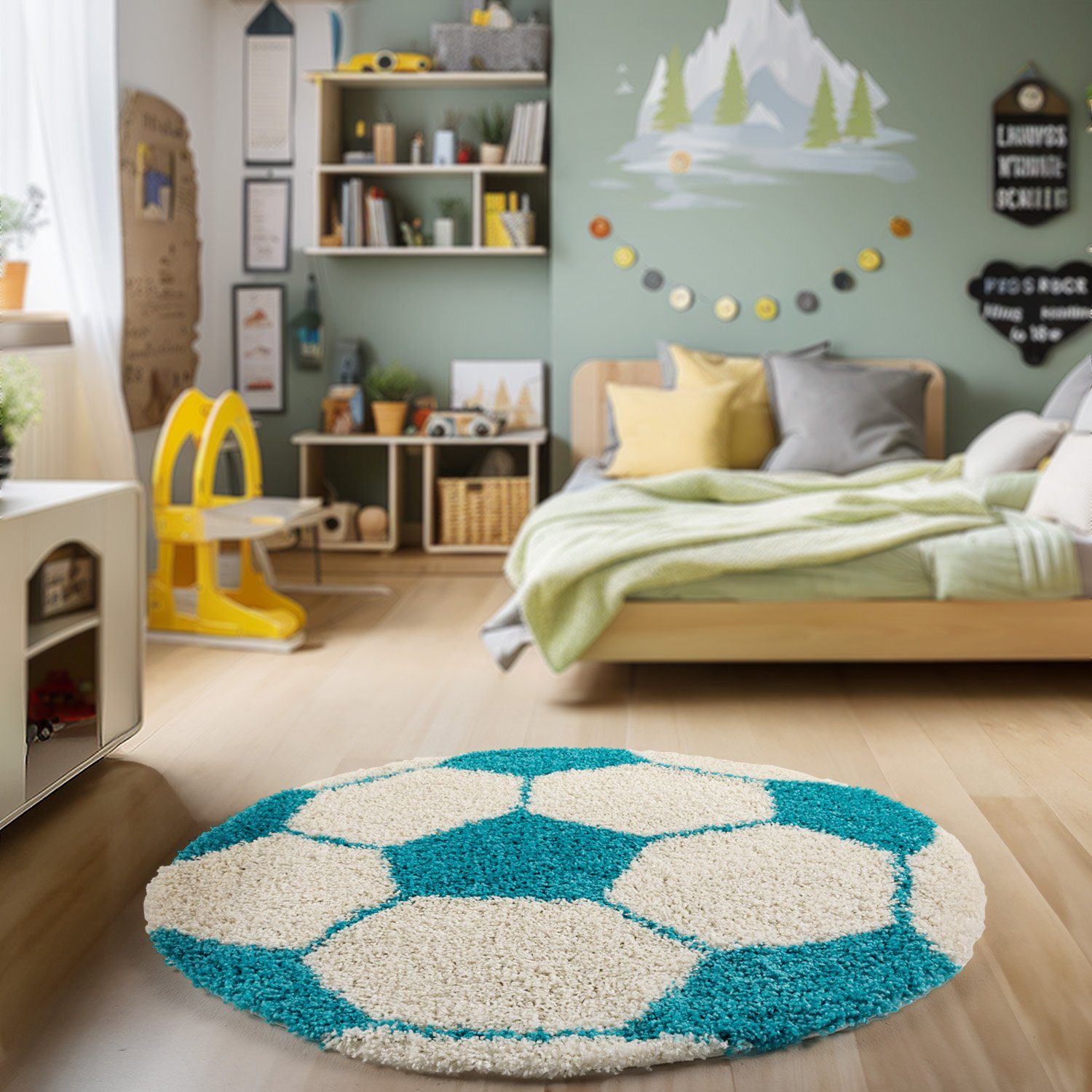 30 HomebyHome, Höhe: Kinderzimmer und Teppich Teppich versch.farben Fußball-Design, Türkis Fußball-Form größen Kinder Rund, mm,