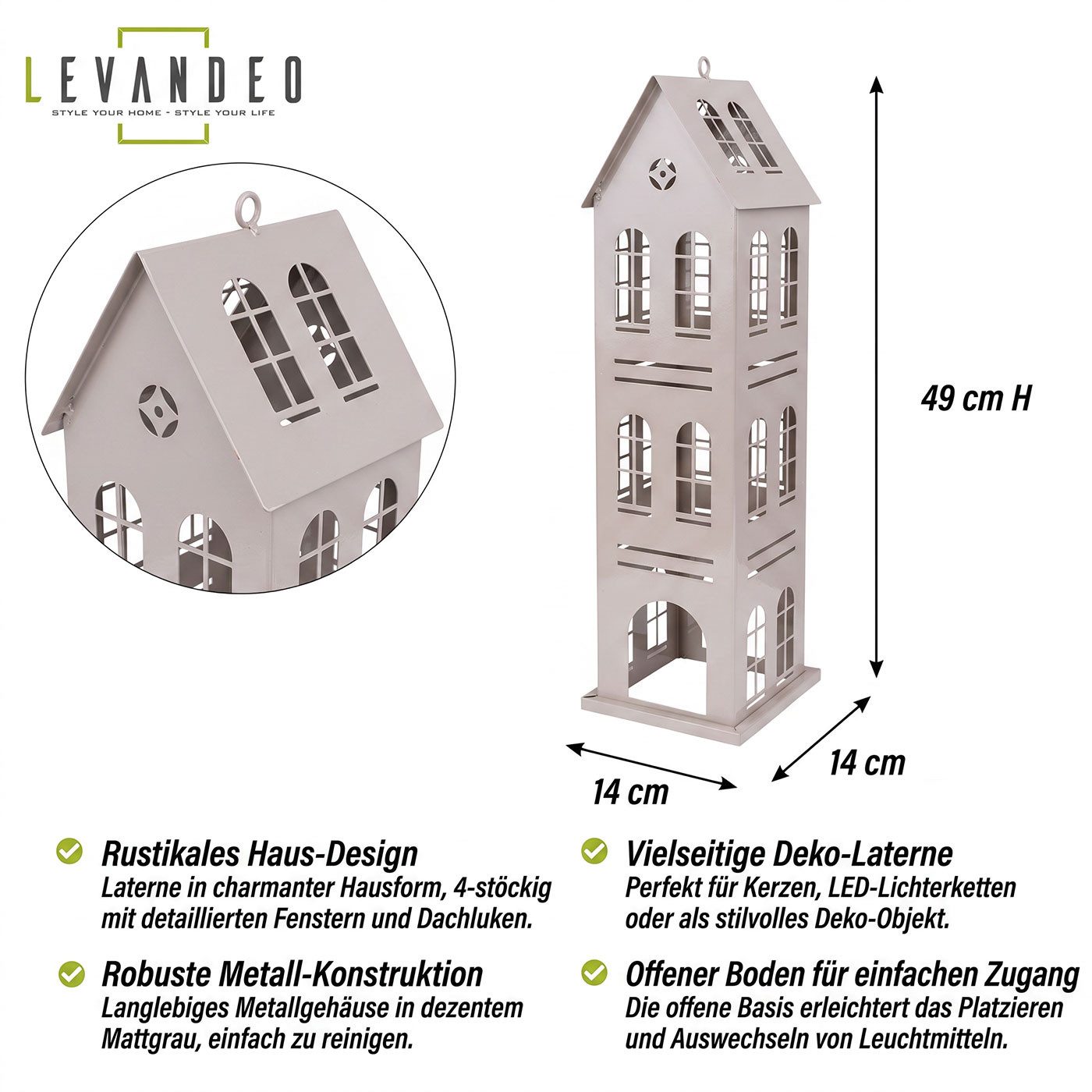 Levandeo® Kerzenlaterne Metall Laterne Haus Grau H49cm Dekohaus Windlicht Hausform Kerzenhalte – Bild 3 von 5