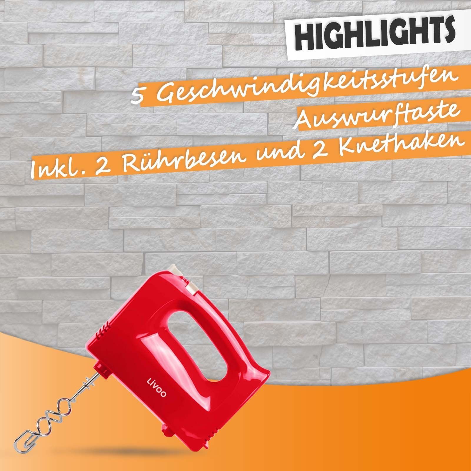 Rührbesen LIVOO Knethaken LIVOO 5 DOP162R rot Handrührgerät Stufen Handmixer Handmixer