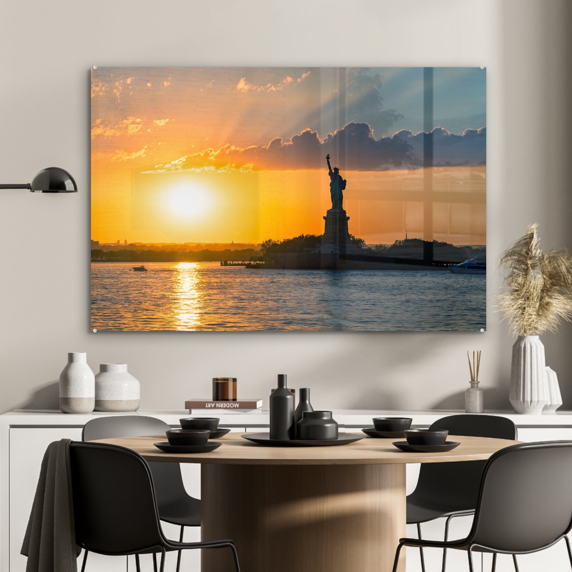 & River Freiheitsstatue Wohnzimmer New und bei Hudson Schlafzimmer St), in Acrylglasbild Sonnenuntergang, (1 MuchoWow Acrylglasbilder York