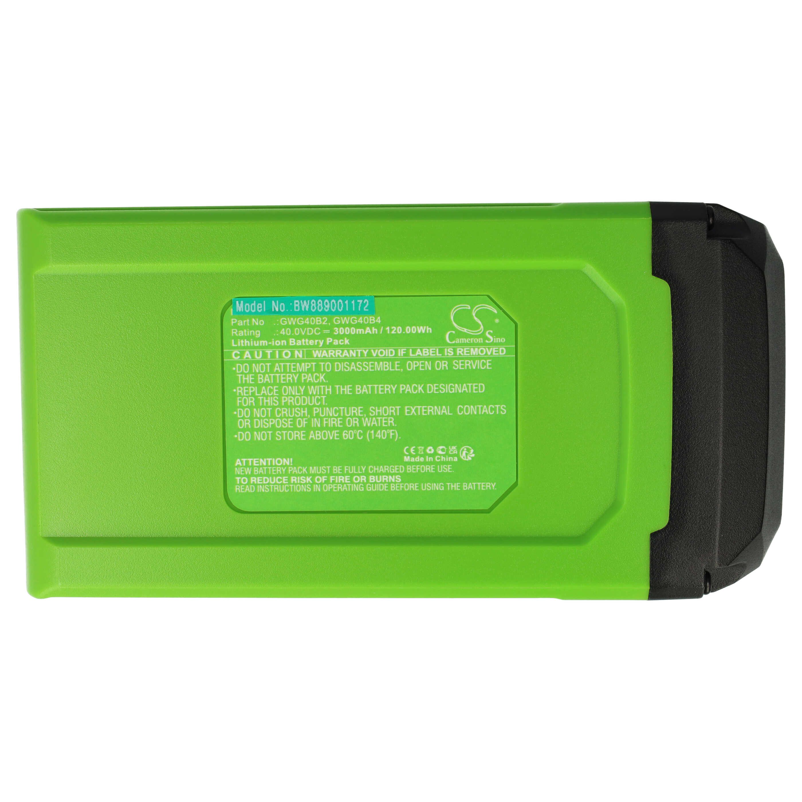 vhbw Akku passend für Greenworks 2605302, 40V 17, 40V 16, 40V 15, 40V 14, Akku Akku Li-Ion 3000 mAh (40 V, 1 St), Leistungsfähiger Austausch-Akku für Rasenmäher Akku-Gartengerät