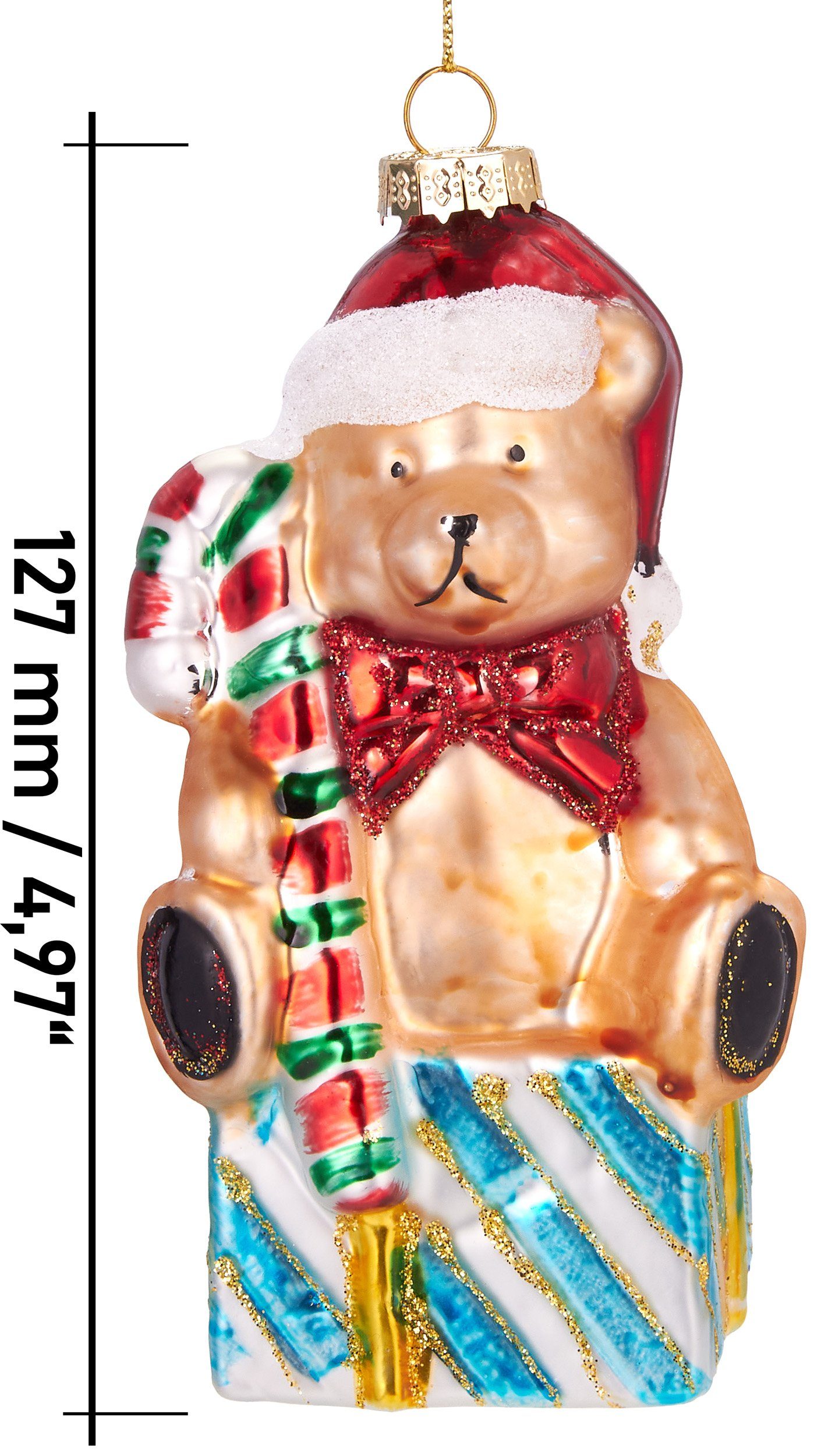 BRUBAKER Christbaumschmuck Handbemalte Weihnachtskugel cm Zuckerstange, Glas, aus - 13 süße Teddy Weihnachtsdekoration Unikat mit mundgeblasenes