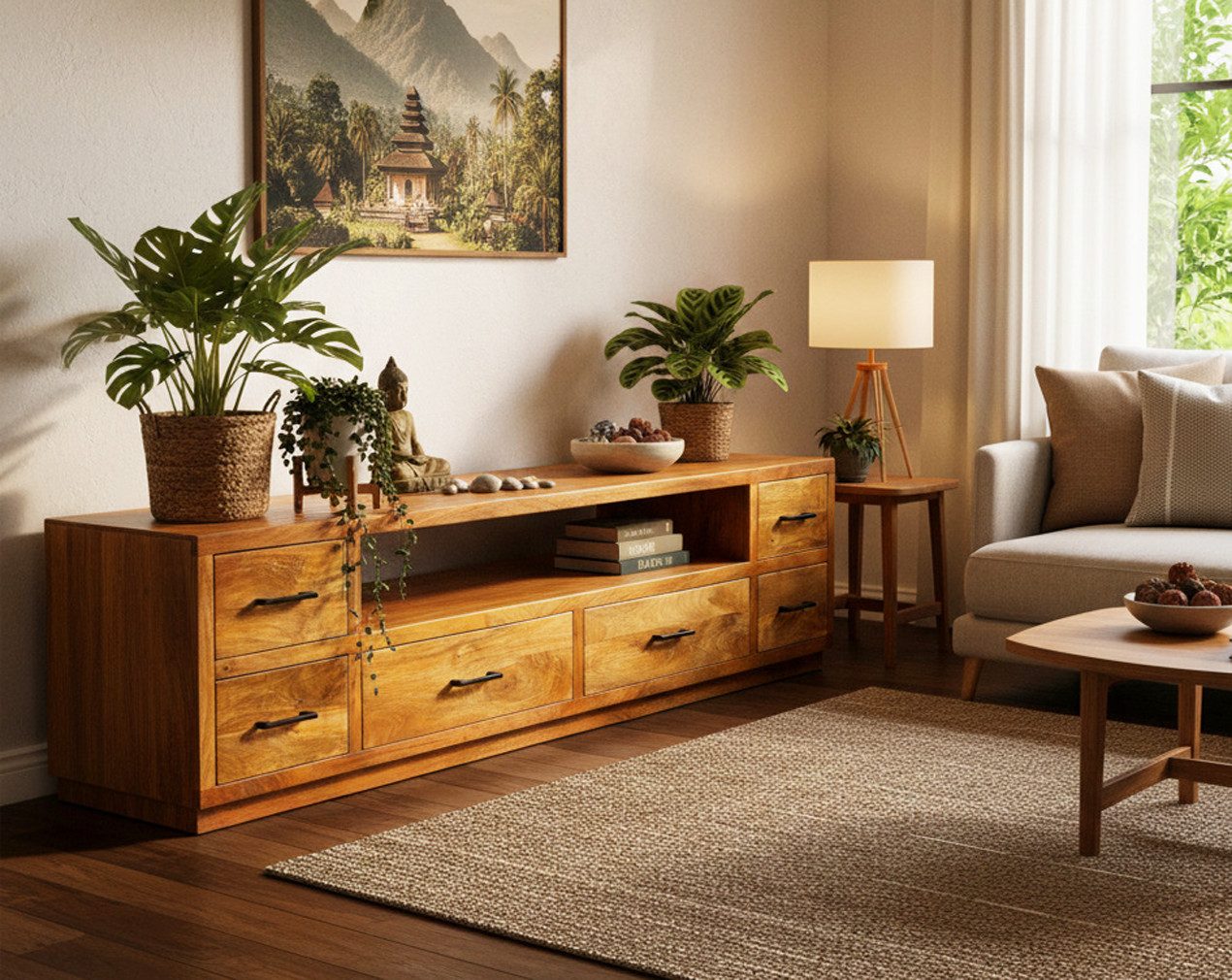 OPIUM OUTLET Sideboard Lowboard TV-Kommode Schrank Regal Möbel kastanienbraun (Breite x Tiefe x Höhe 200 x 45 x 50 cm), Mango-Massivholz, sehr schwer und robust, Lieferung komplett montiert