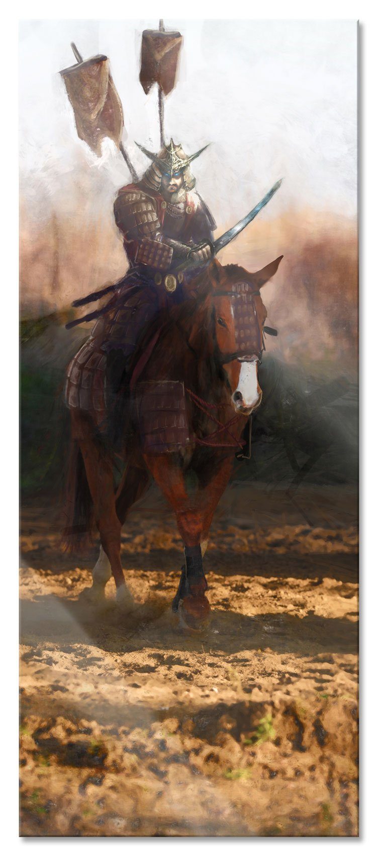 und Krieger Glasbild Samurai Pferd inkl. auf Samurai einem aus St), (1 Krieger auf Pferd, Echtglas, Aufhängungen Glasbild Abstandshalter Pixxprint einem