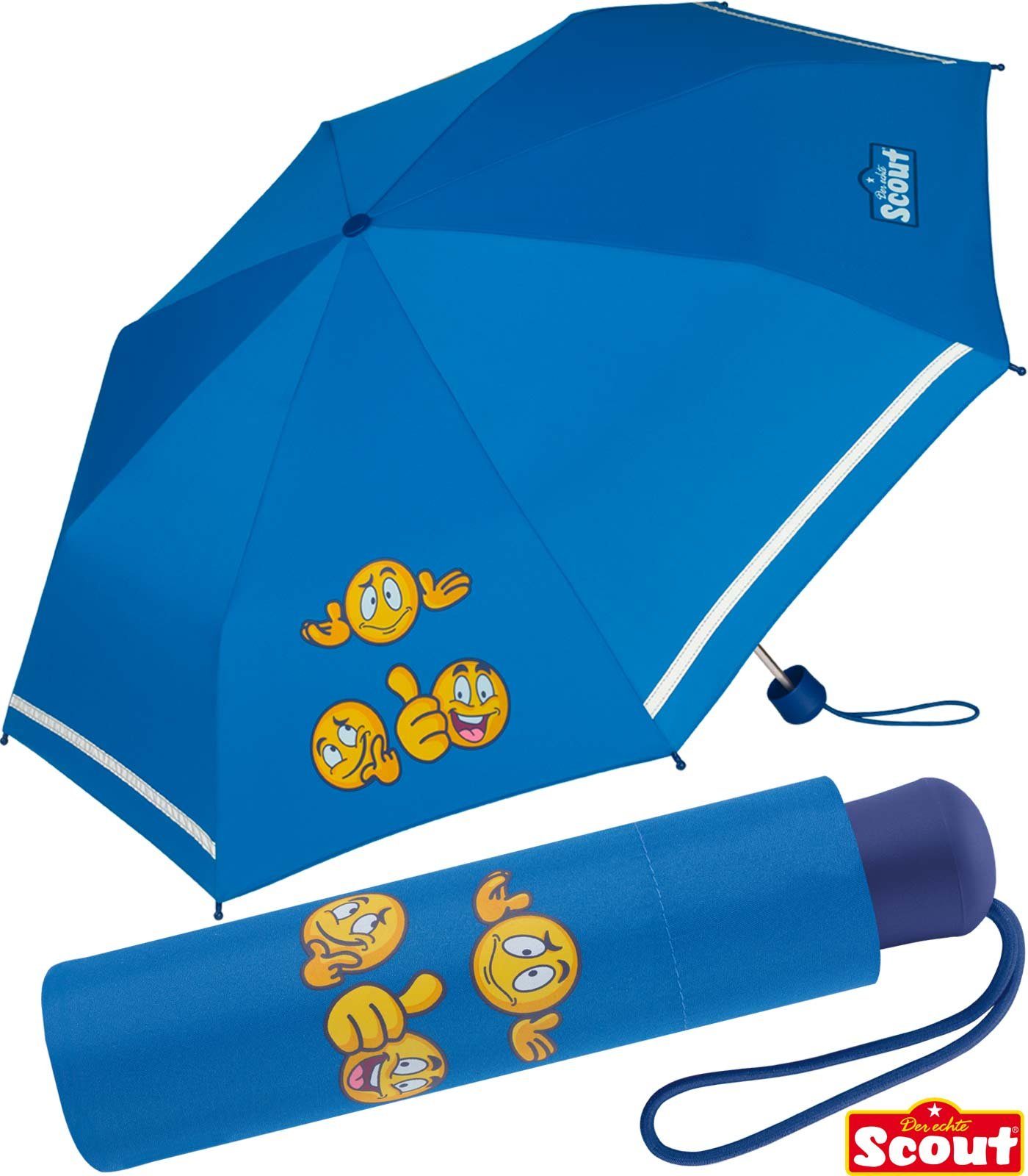 Scout Taschenregenschirm Mini Kinderschirm reflektierend bedruckt, extra leicht für Kinder gemacht Emoji-blau