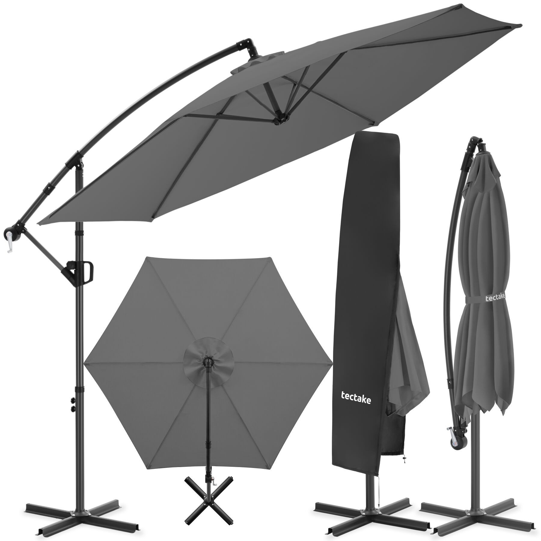 tectake Ampelschirm Sonnenschirm mit Doppeldach, inkl. Schutzhülle, 3 x 3 m, Balkonschirm Artemis, für Außen in Grau, 360° drehbar, wasserabweisend, neigbar, Kurbelmechanismus