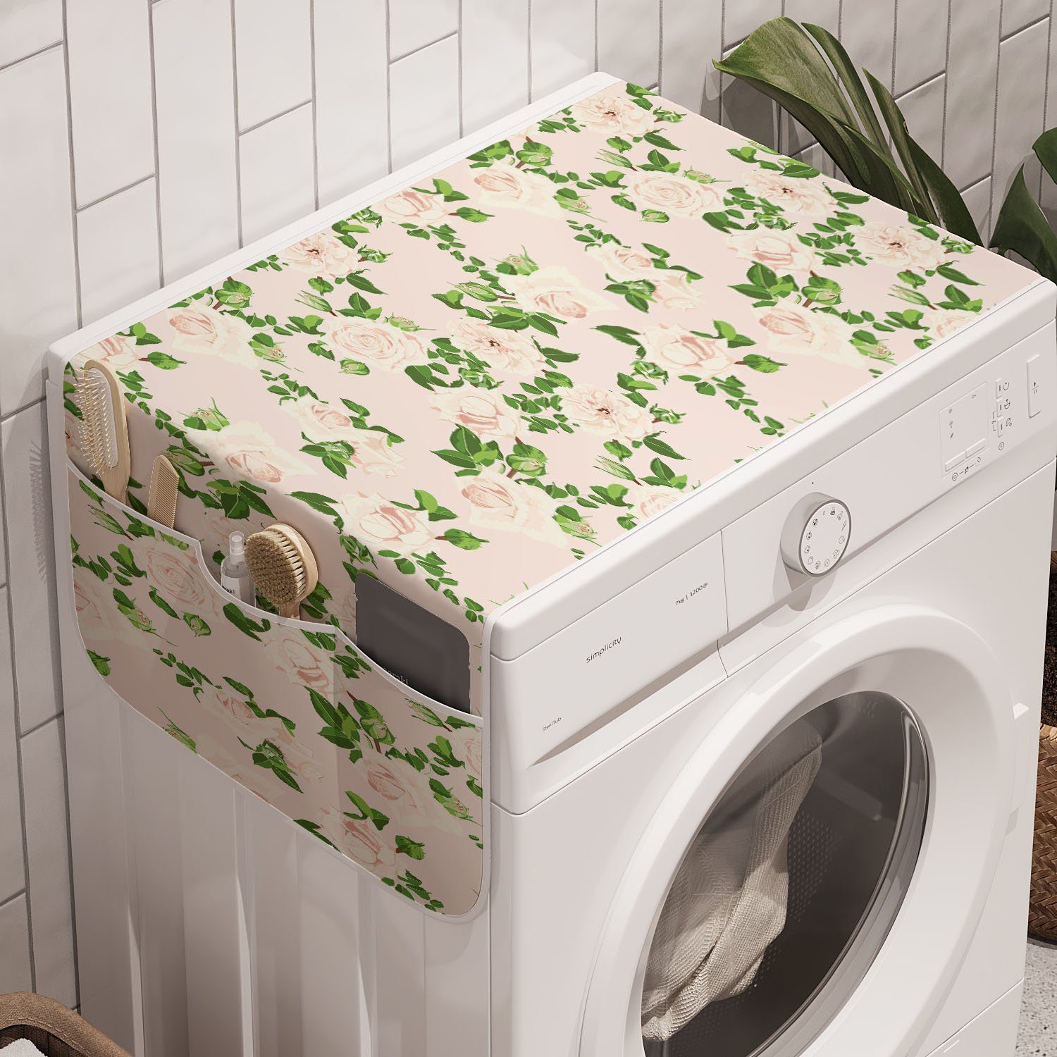 Abakuhaus Badorganizer Anti-Rutsch-Stoffabdeckung für Waschmaschine und Trockner, Blumen Pastell Einfache Rose Blumen