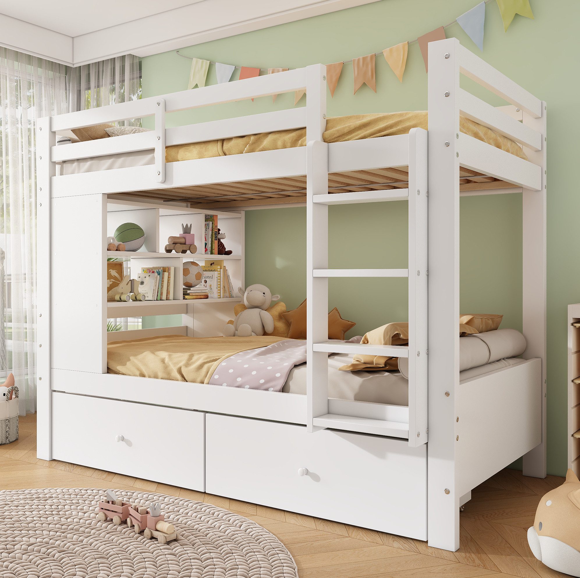 REDOM Etagenbett Kinderbett mit zwei Schubladen und integriertem Regal (Holzbett 90x200cm, mit praktischer Aufstiegsleiter, Jugendbett Stauraumbett), ohne Matratze