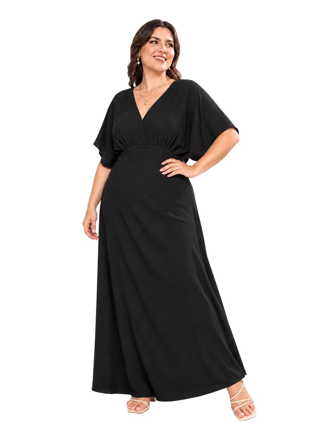 ocoza Maxikleid Ocoza Maxikleid mit V-Ausschnitt, Flatterärmel und A-Linie in Schwarz