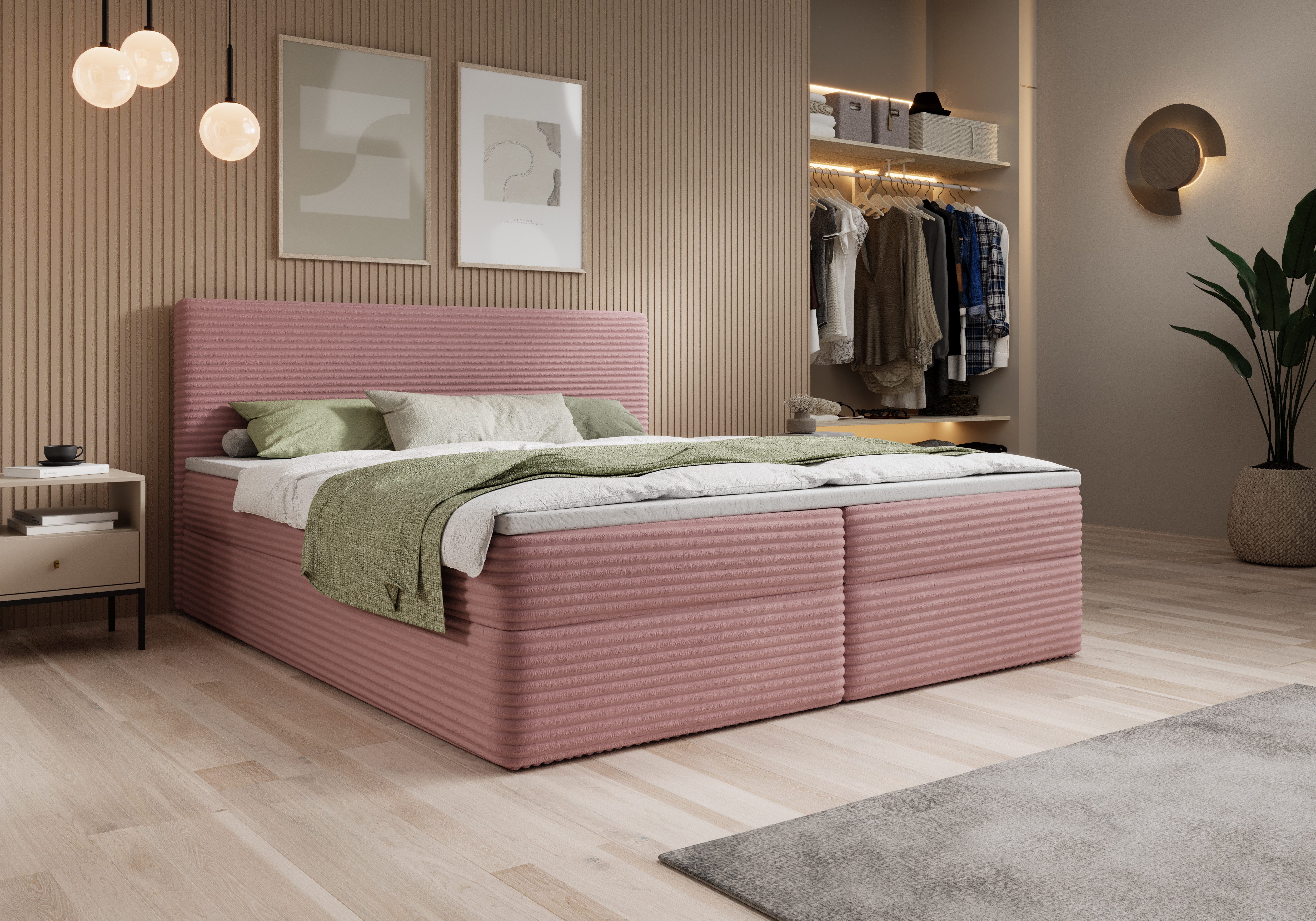 thematys Boxspringbett mit zwei Bettkasten 140x200–200x200 cm – Cordstoff Bezug – (Polsterbett Bonnellfederkern Matratze H3 + Gratis 3cm Topper, Boxbett - Luxus Doppelbett mit Stauraum)