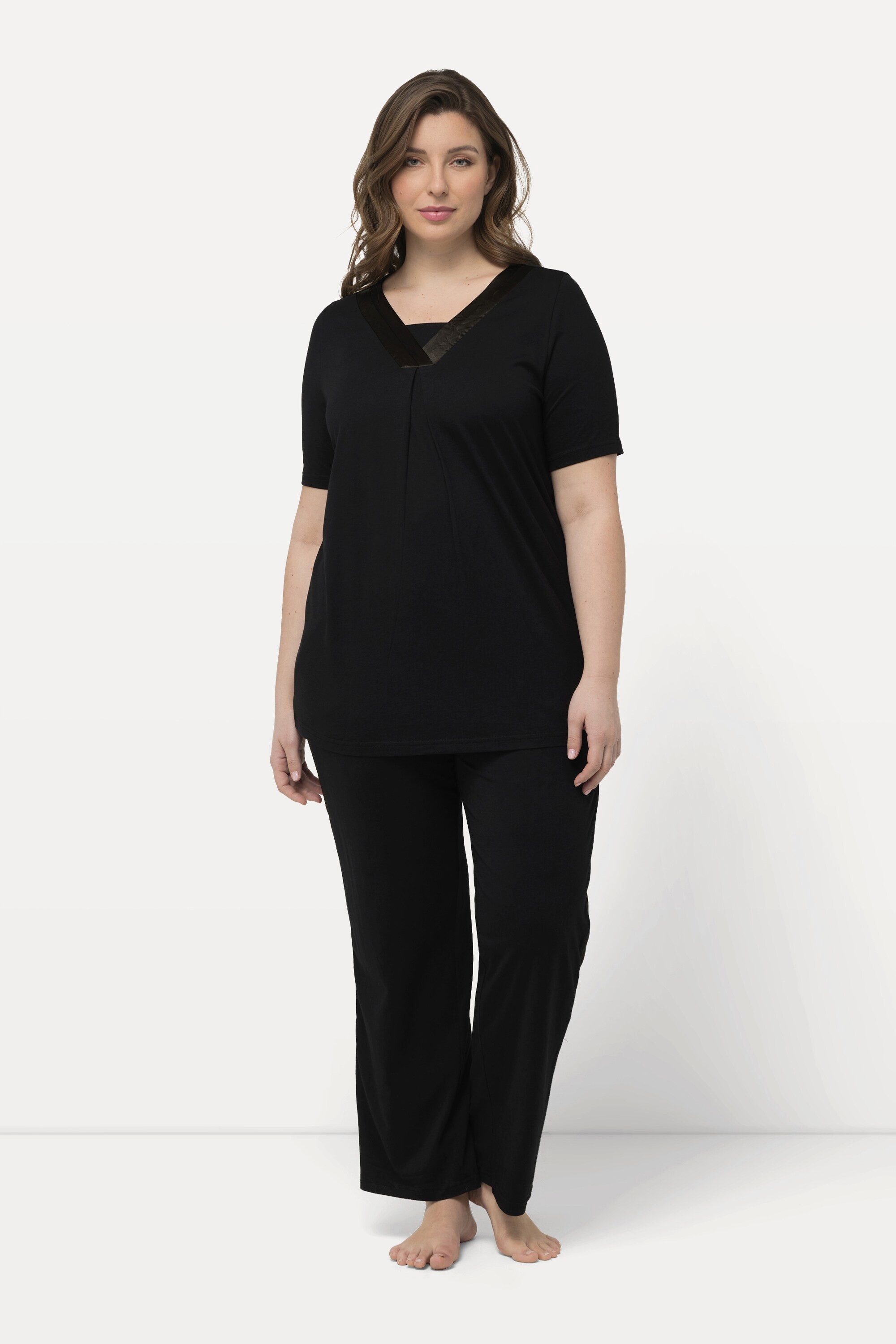 Ulla Popken Pyjama Pyjama Satindetails V-Ausschnitt günstig online kaufen