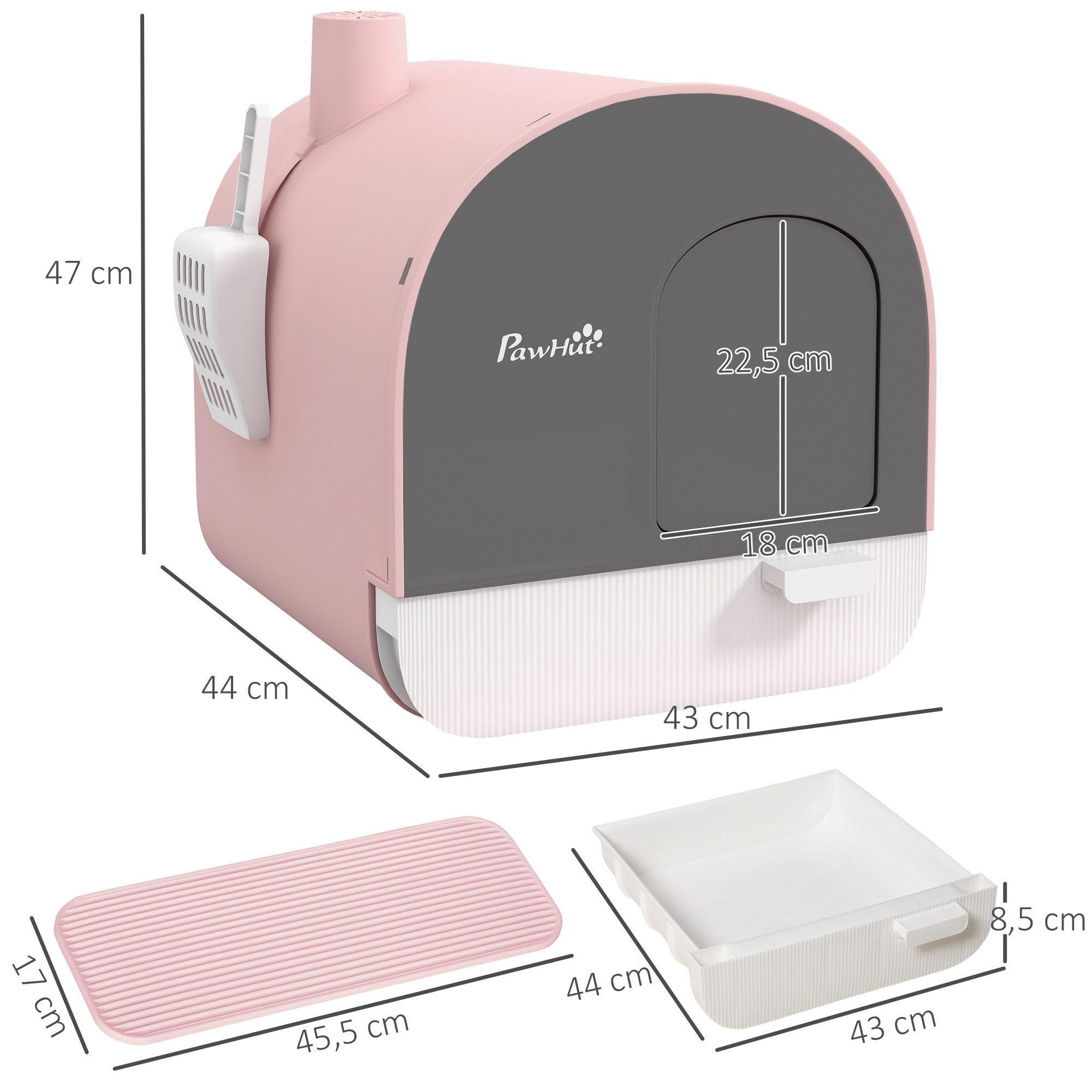 PawHut Katzentoilette Katzenklo mit Deckel inkl. Schaufel, ausziehbares Tablett, Toilette, Kunststoff, Rosa, 43 x 44 x 47 cm