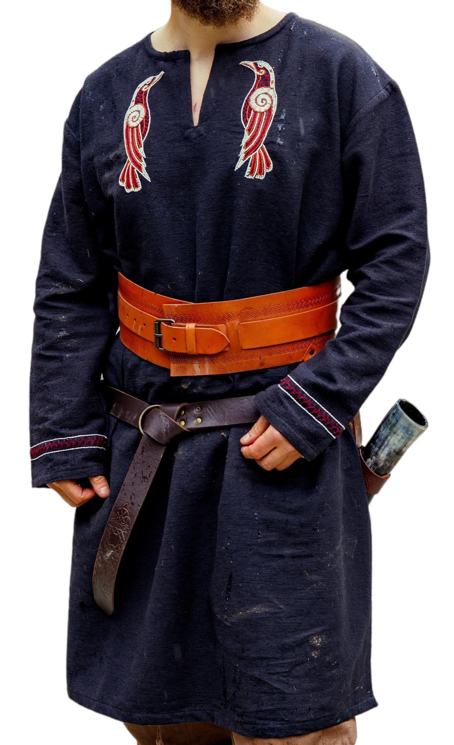 Leonardo Carbone Wikinger-Kostüm Tunika "Hugin & Munin" mit Stickerei, Vogelmotive im Brustbereich, seitliche Schlitze