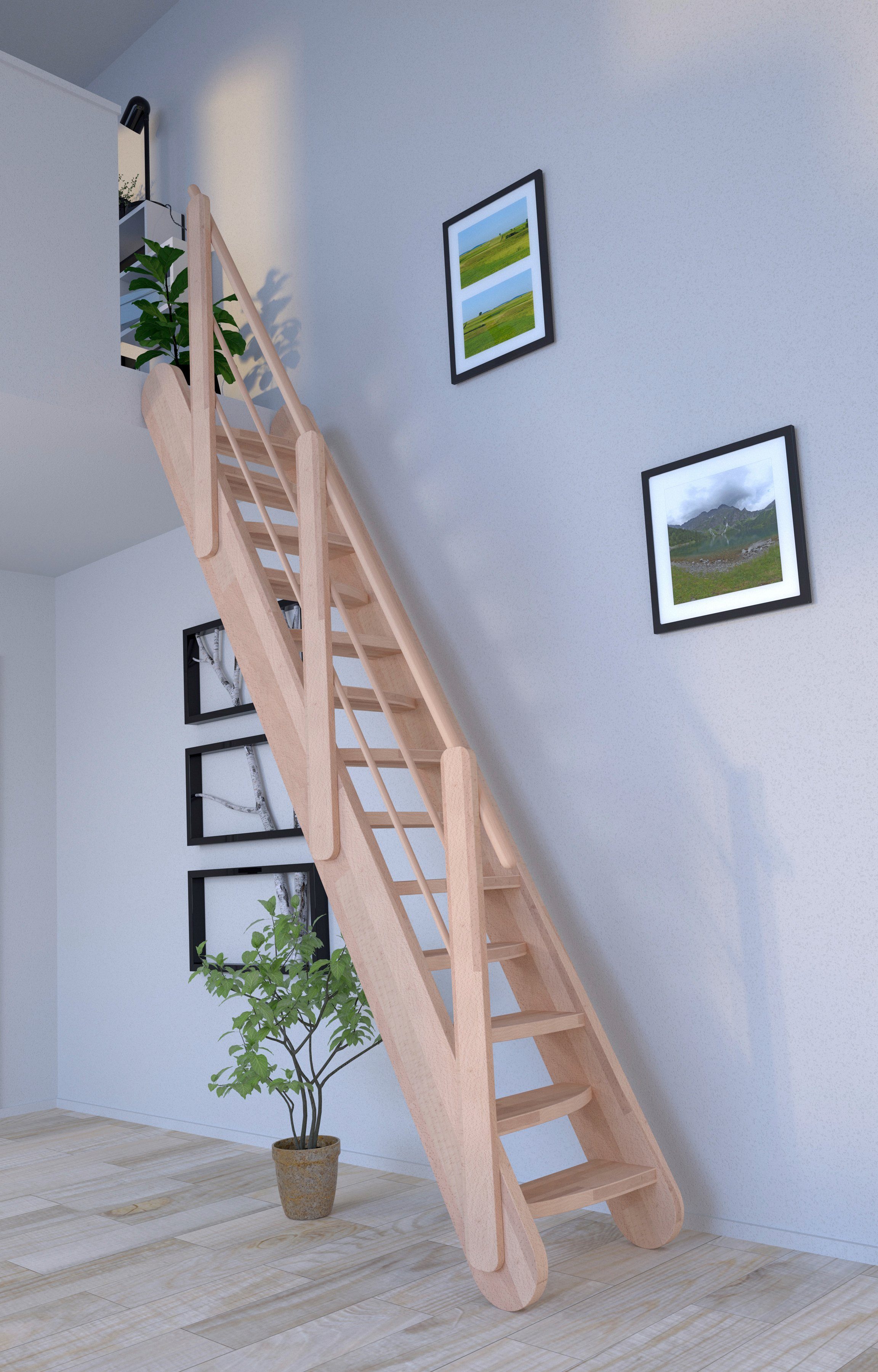 Starwood Raumspartreppe Massivholz Samos, Holz-Holz Design Geländer, Stufen offen, Durchgehende Wangenteile