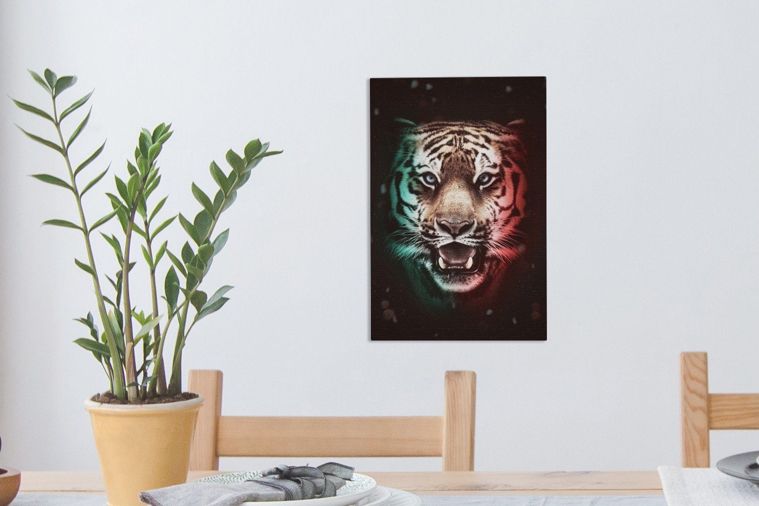 OneMillionCanvasses® Leinwandbild Tiger - Bunt Gemälde, (1 inkl. Jäger, Leinwandbild - 20x30 St), bespannt fertig Zackenaufhänger, cm