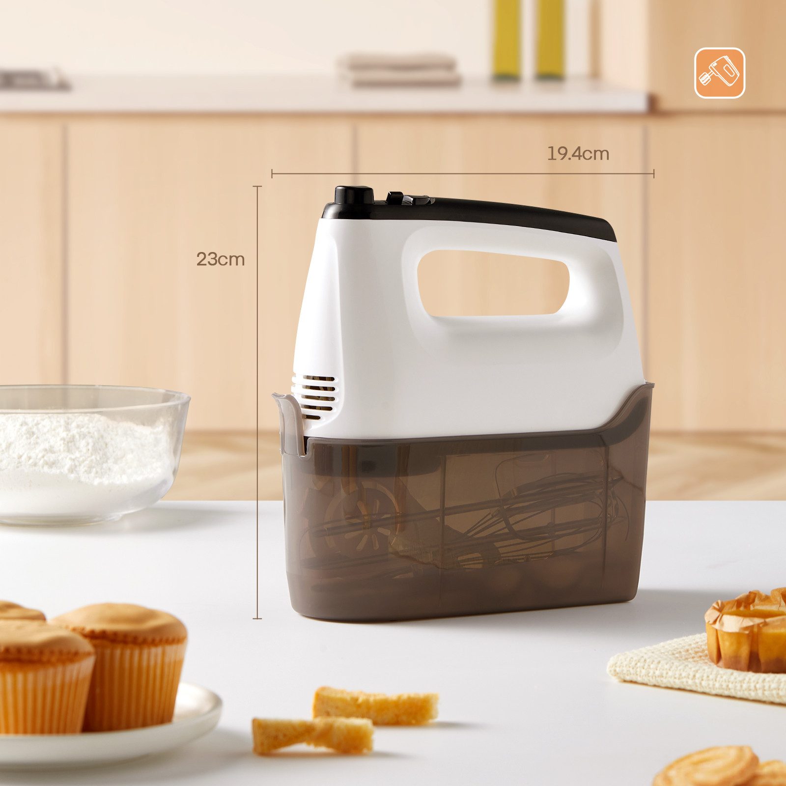FOHERE Handmixer 6 Geschwindigkeiten plus Turbo, 6 Zubehörteile Edelstahl, 400 W, Aufbewahrungsbox, vertikales Design