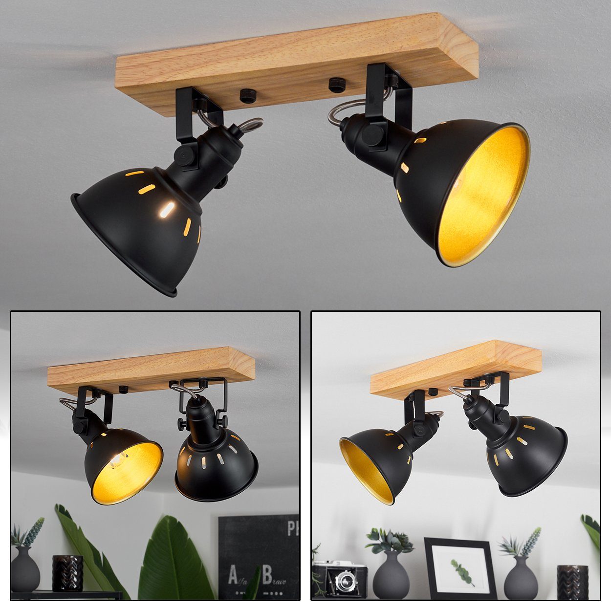 Vintage 2xE14 in hofstein Deckenlampe im Design Metall/Holz ohne Deckenleuchte »Arazane« Schirmen, Leuchtmittel, drehbaren moderne Leuchte Schwarz/Gold/Natur, Retro mit aus