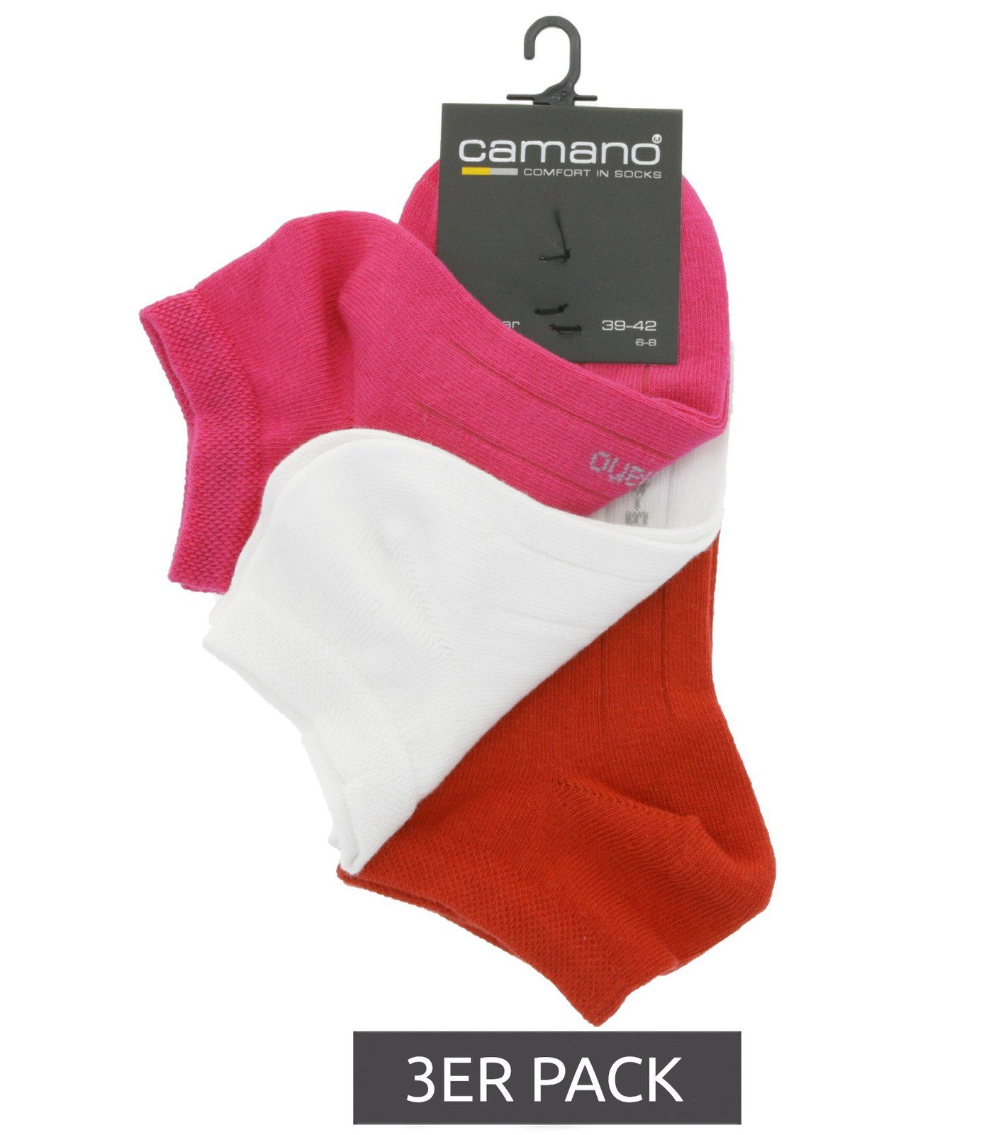 Camano Sneakersocken 3er Pack camano Damen Sport-Socken Sneaker-Söckchen 3003 Baumwoll-Socken Pink/Weiß/Rot