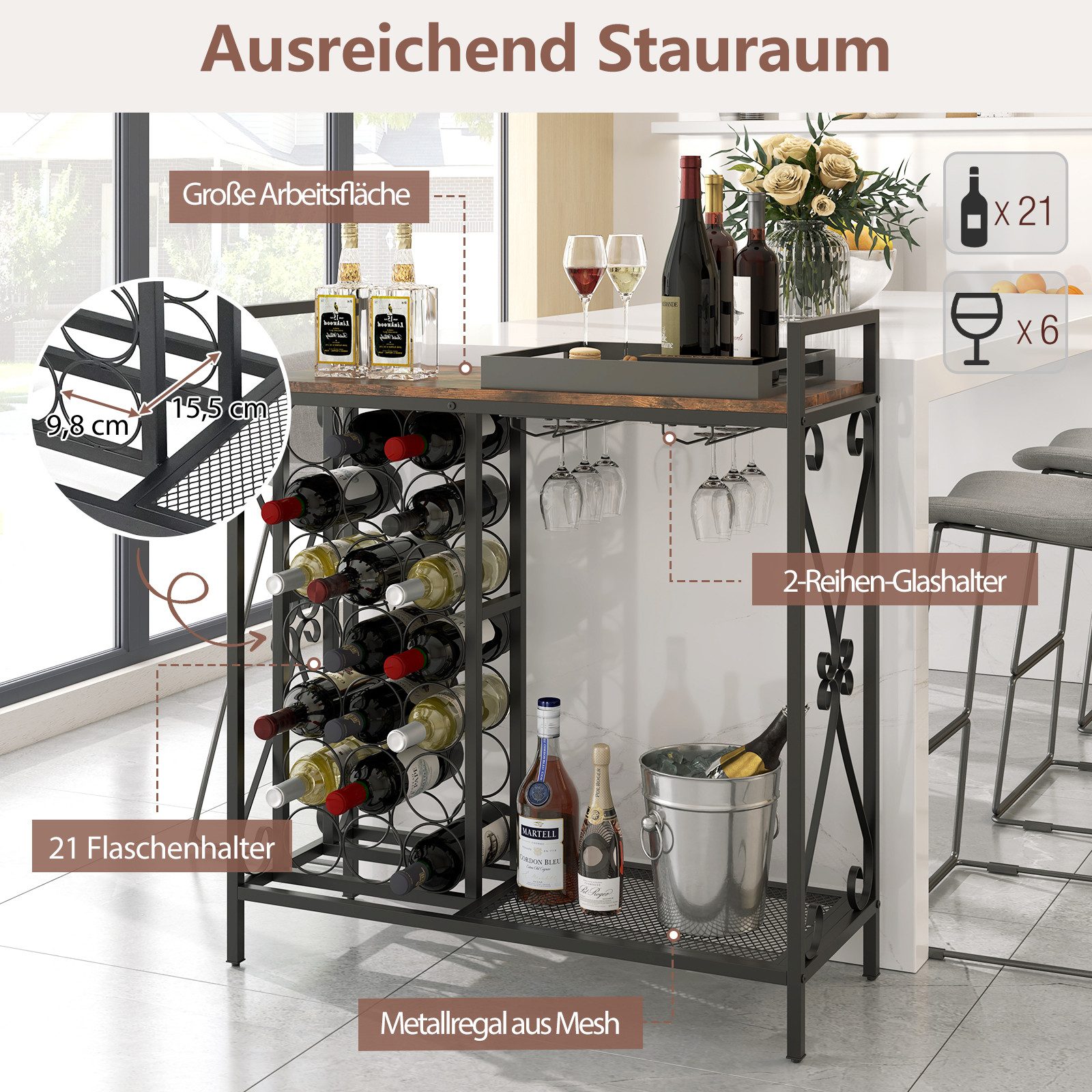COSTWAY Weinregal, 21 Flaschen, stehend, mit Glashalter & Tischplatte, Metall