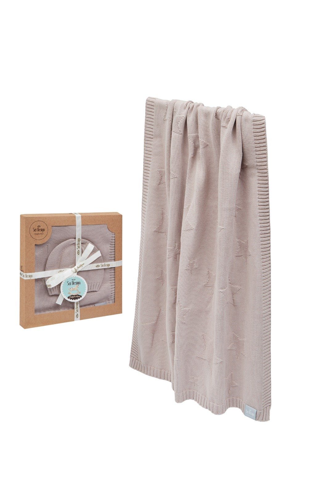 SEI Sand Geschenkverpackung Baumwolle, 100% - Babydecke Design, BIO inkl. Strickdecke Shifting 90x70cm aus