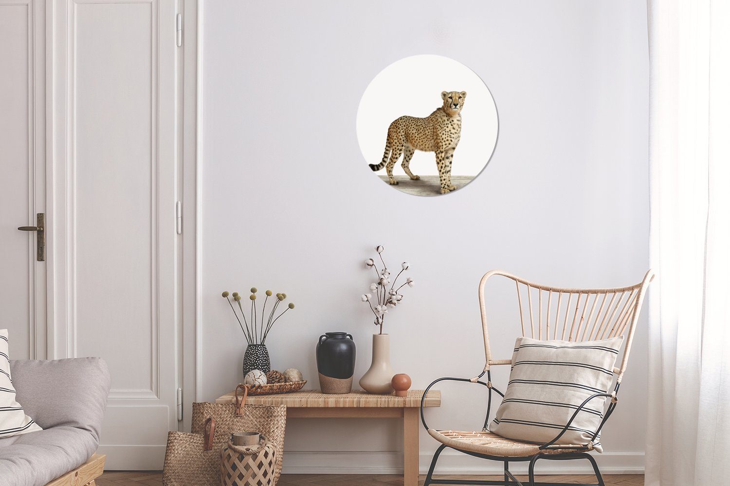 Tapetenaufkleber, Weiß Kinderzimmer, Tiere - Wandsticker MuchoWow - Tapetenkreis Gepard (1 Rund, St), Wohnzimmer für