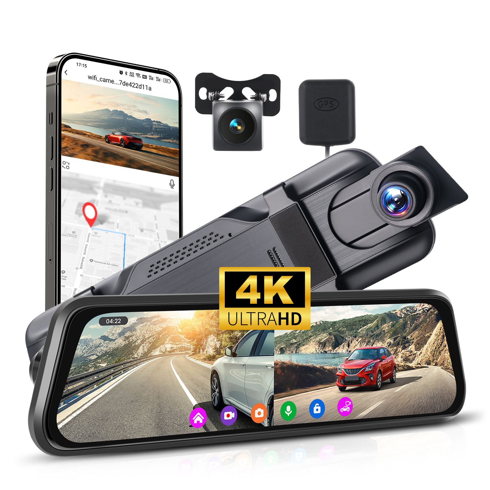 9,66 Zoll 4K Auto-DVR Dashcam mit Dual-Lens WIFI GPS & ADAS Dashcam