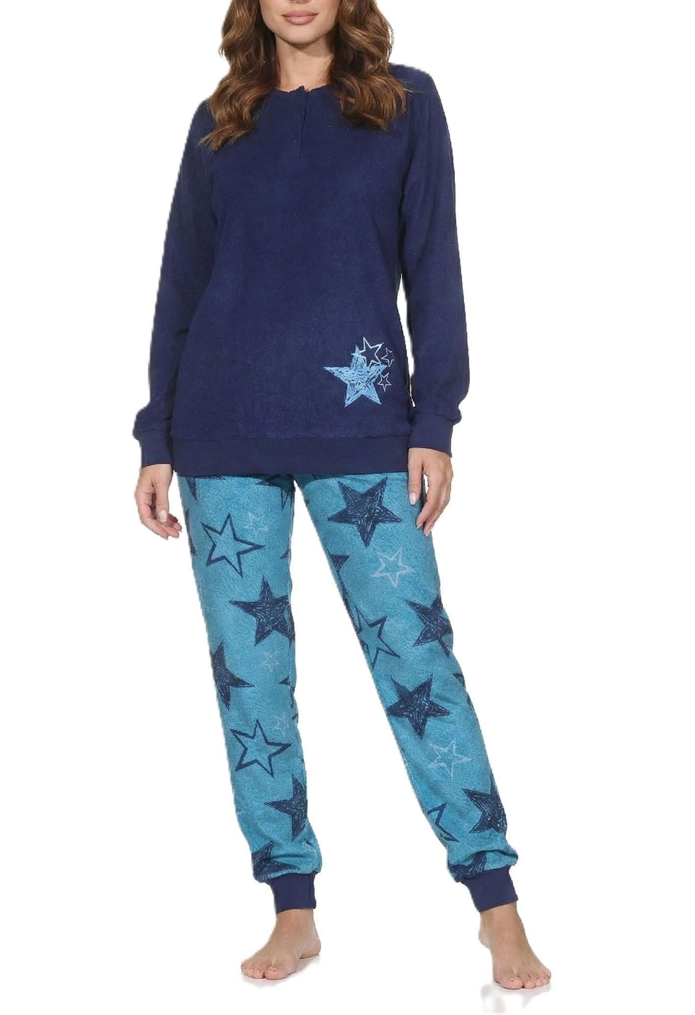 Pyjama Normann Damen Frottee Schlafanzug lang mit Bündchen in Sterne Optik