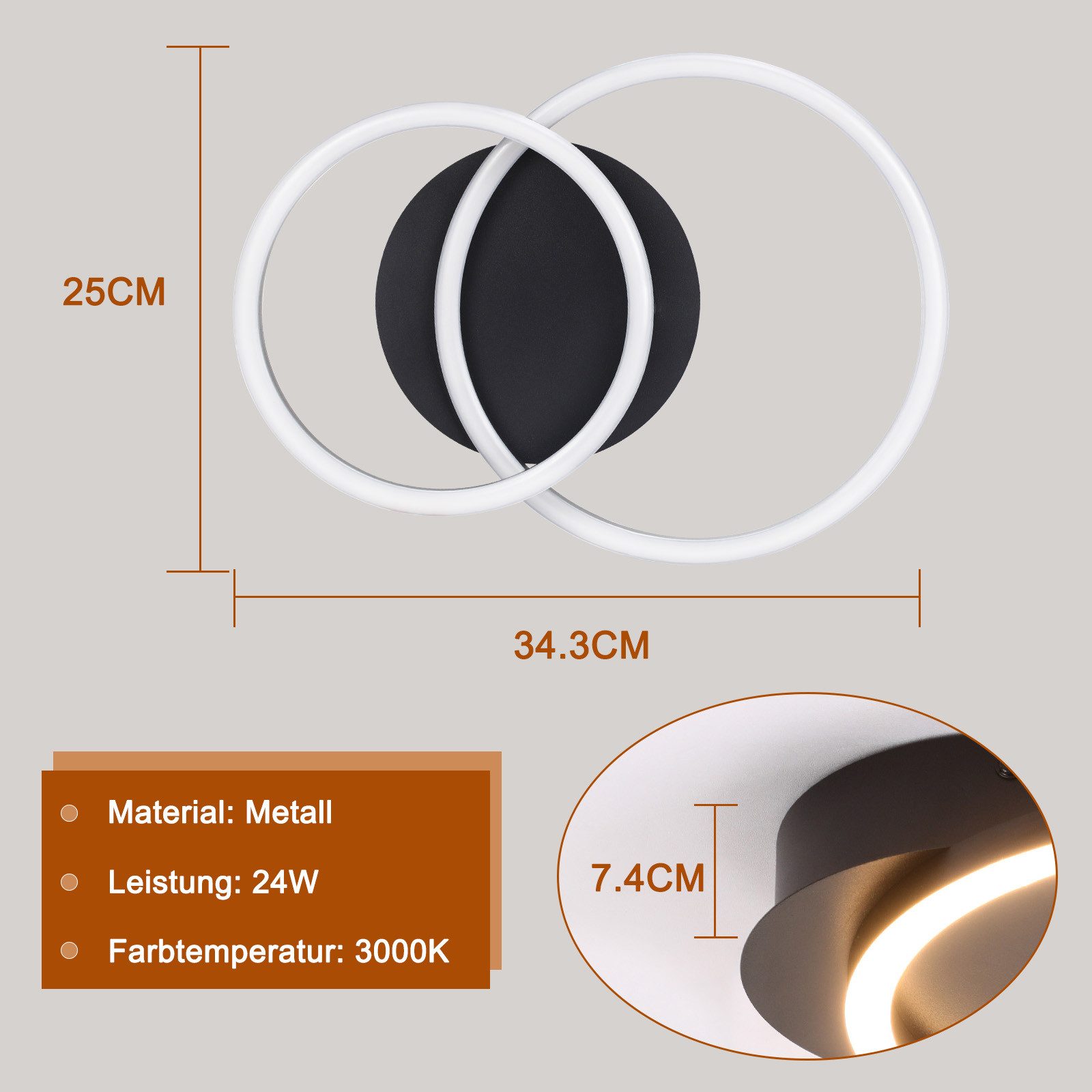 ZMH LED Deckenleuchte Wohnzimmer 2 Ringe Modern Runde Deckenlampe 24W 3000K Flur Hotel, Augenschutz, Einfache Installtion, LED fest integriert, Warmweiß, Schlafzimmerlampe Drehbar küchenlampe für Schlafzimmer Küche