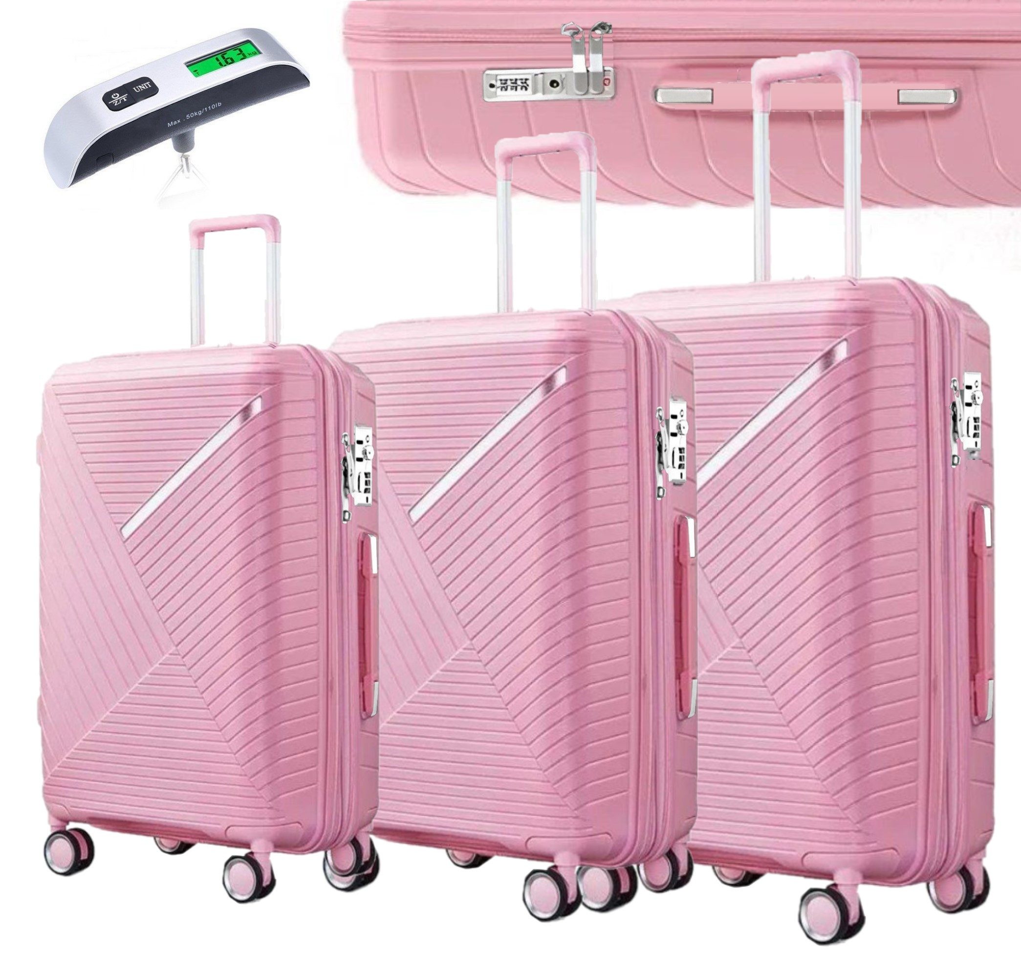 KESSMANN Kofferset 3 teilig Hartschalenkofferset M L XL Koffer + Digitale Kofferwaage, 4 Rollen, (Reisekofferset, 4 tlg., Schloss Teleskopgriff Gepäck Urlaub Zubehör Reise Hartschale Trolley), Reisetasche Kofferset groß mittel klein Handgepäck Gepäck Rollkoffer