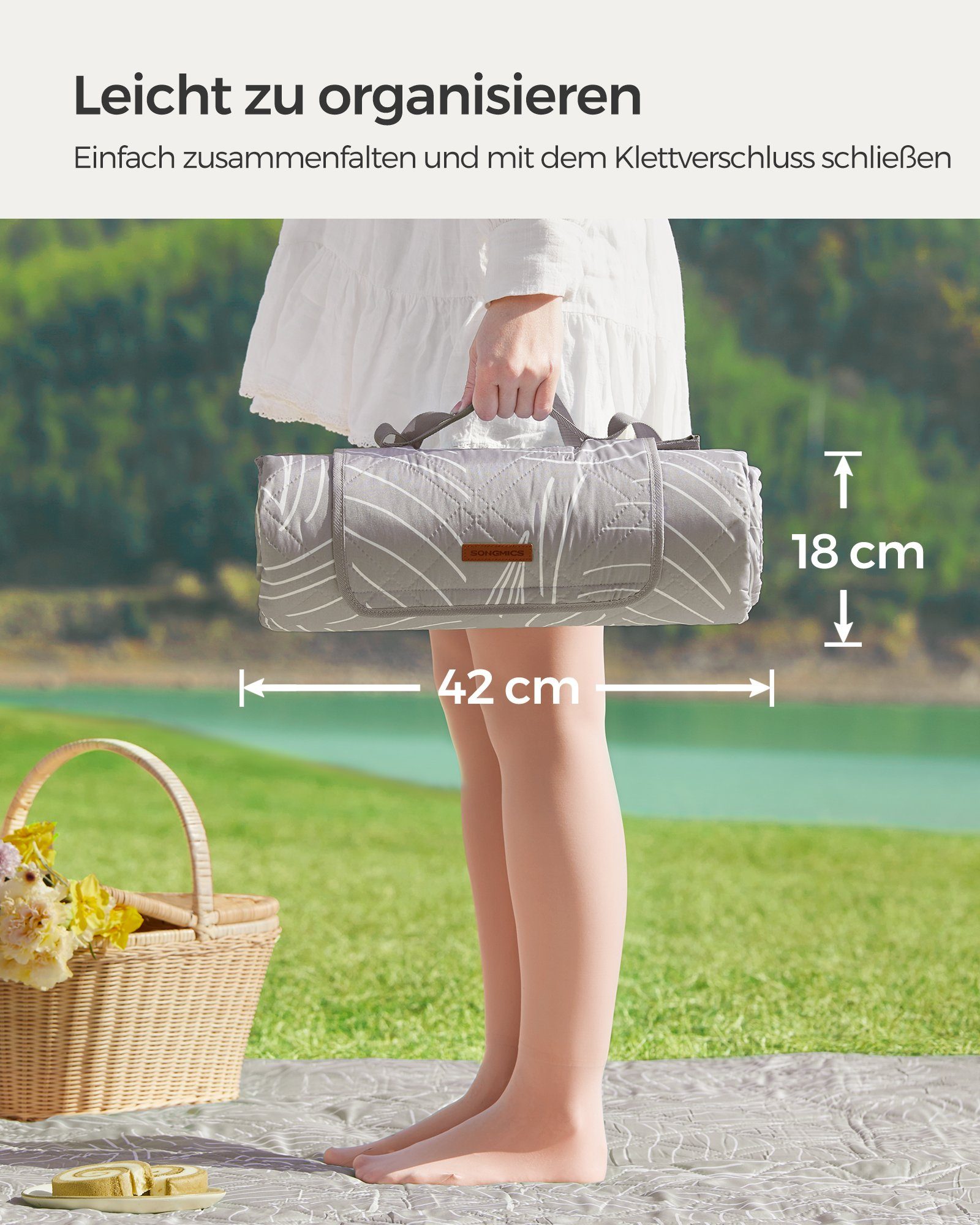 Picknickdecke 200 x 200 cm, mit 4 Erdankern, Campingdecke, für Park, Garten, Strand, SONGMICS, wasserdicht, maschinenwaschbar, faltbar, khaki mit tropischem Farn
