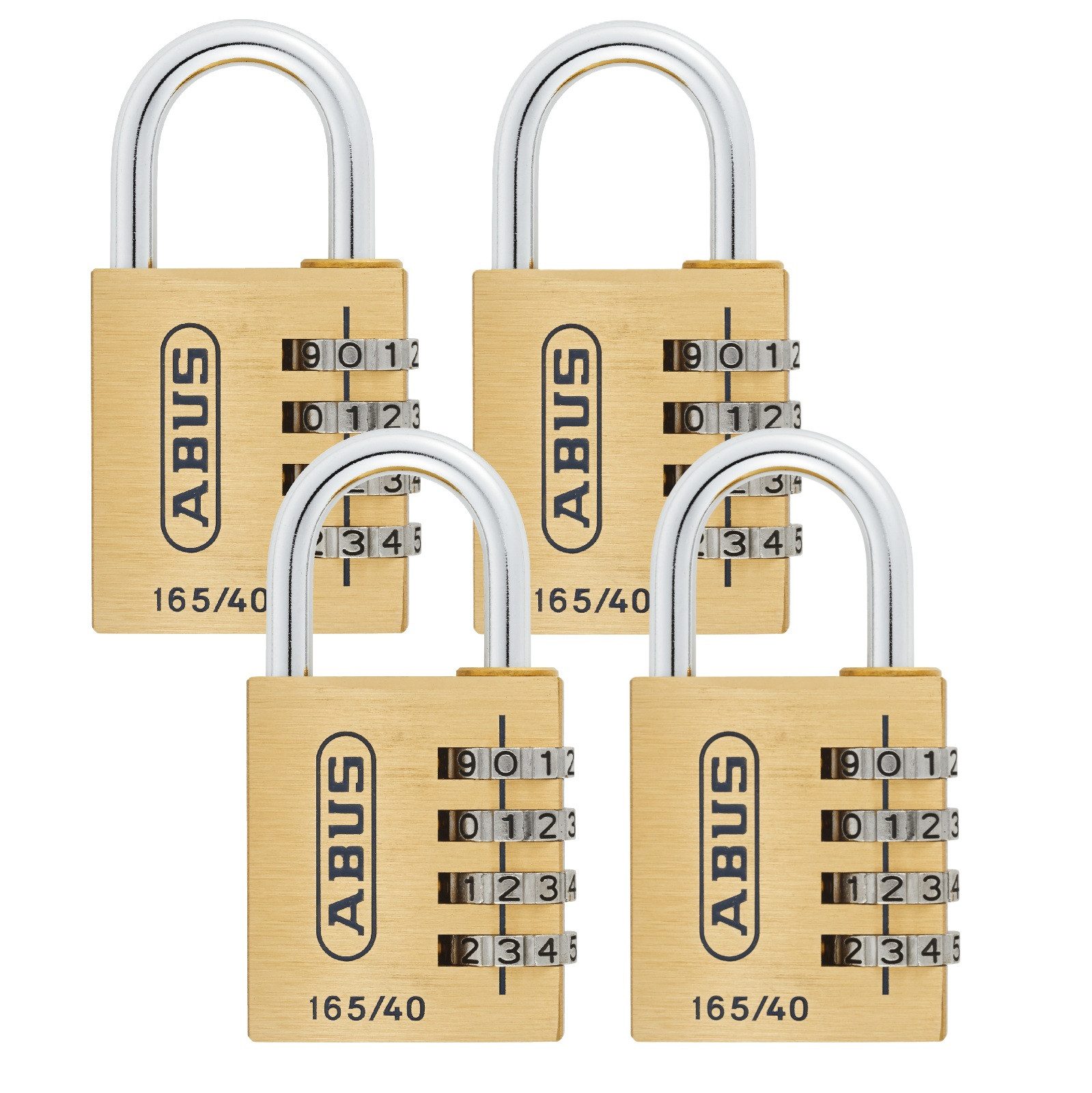 ABUS Vorhängeschloss Zahlenschloss 165/40 aus Messing - Kofferschloss - 4er Set, Sicherheitsklasse 4, 3-stelliger individuell anpassbarer Zahlencode, Sicherung bei Reisen