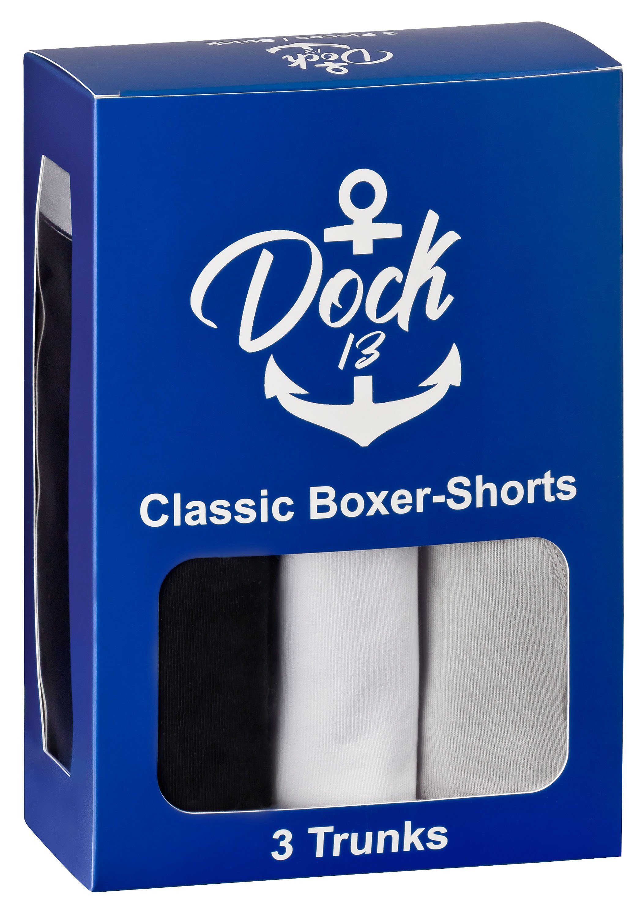 Dock13 Bund, als Unterhosen 3er-Pack) weiß, gewebter Pack Dock13 Stickerei Boxer Logo (3er-Set, (3er Retro Boxershorts 3-St., schwarz, Männer grau