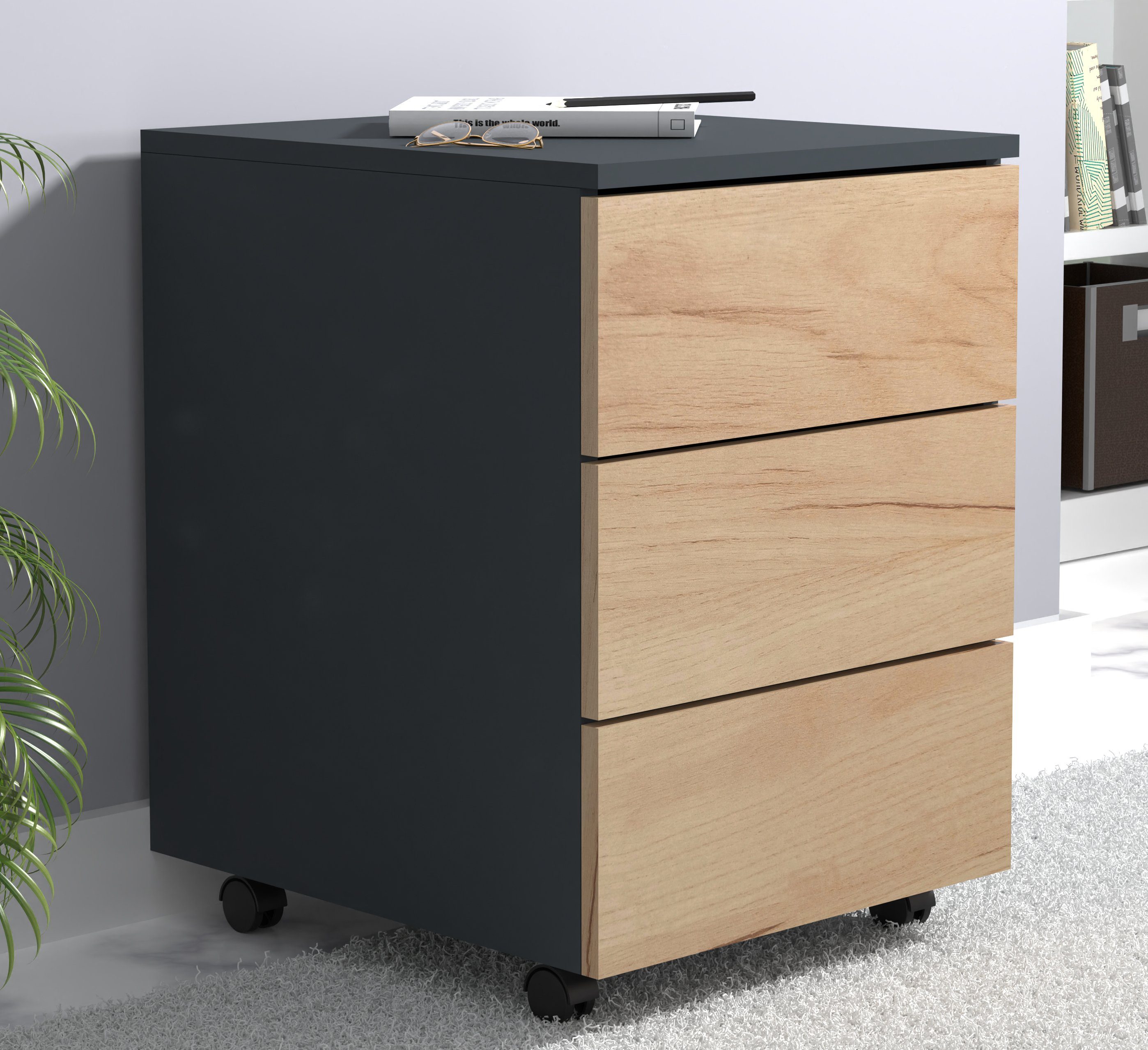 VCM Rollcontainer Dalosa B. 39 x T. 45 x H. 55 cm, Stauraum für Büromaterial, Arbeitszimmer, 3 Schubladen, Holzwerkstoff – Bild 4 von 5