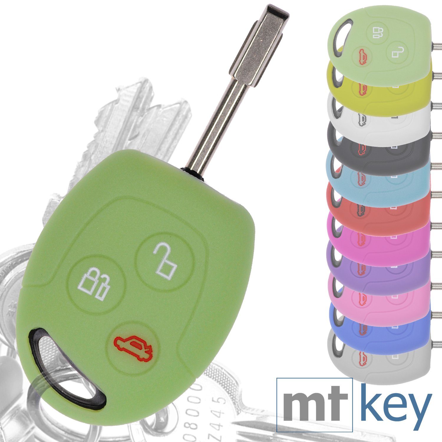 mt-key Schlüsseltasche Autoschlüssel Softcase Silikon Schutzhülle  fluoreszierend Grün, für Ford Transit Mondeo Focus II Fiesta VI Fusion  Galaxy S-MAX 3 Knopf